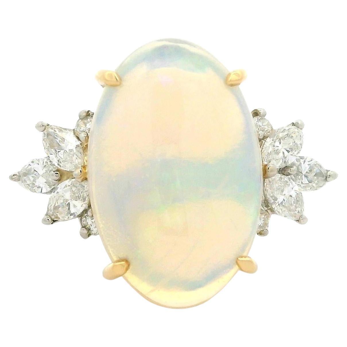 Platinum & 18k Yellow Gold Large Oval Opal w/ Diamond Spray Side Ring