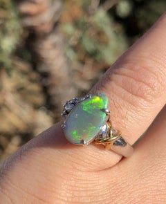 Platinum 18 Karat Yellow Gold Natural Black Opal and Diamond Ring 3.01 Carat 10g