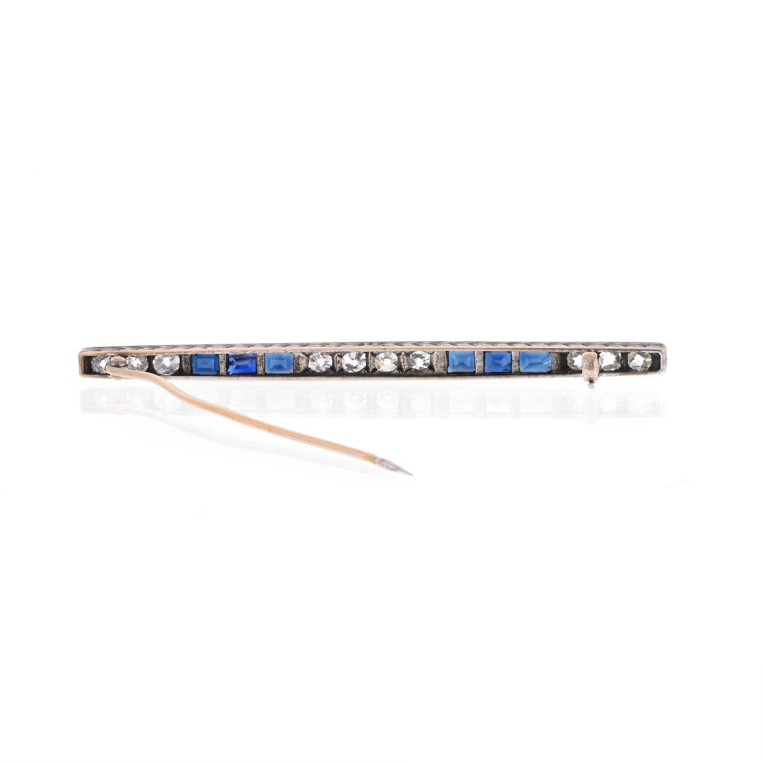 Modern Platinum & 18K Yellow Gold Old Mine And Vintage Sapphire Diamond Bar Brooch For Sale