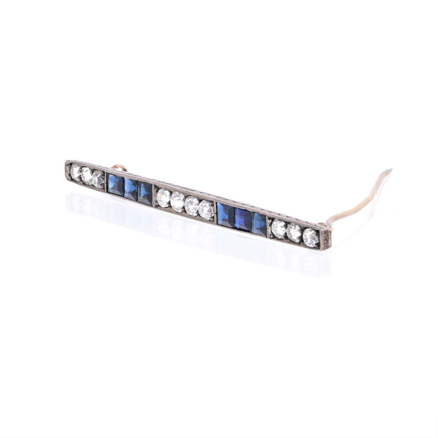 Old Mine Cut Platinum & 18K Yellow Gold Old Mine And Vintage Sapphire Diamond Bar Brooch For Sale