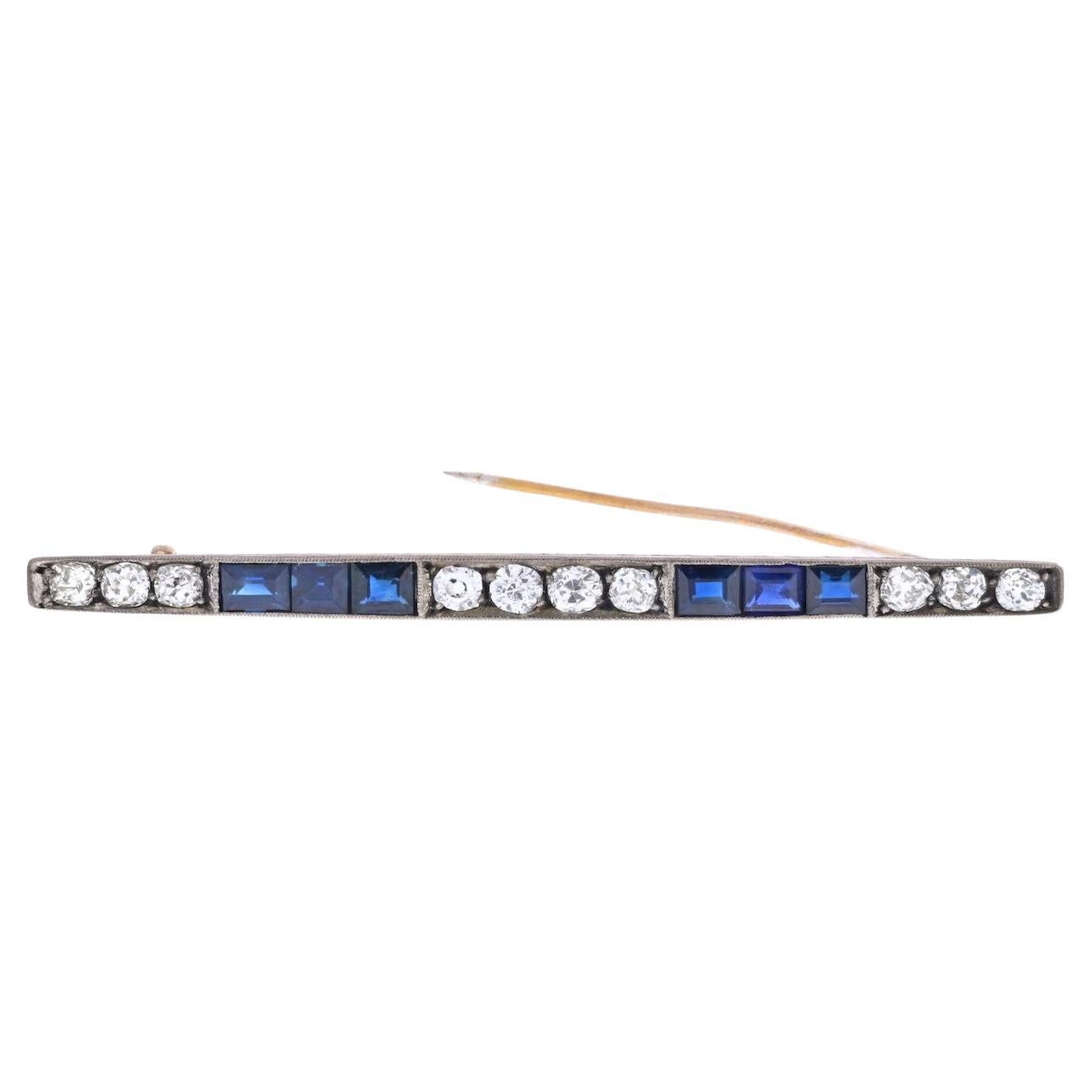 Platinum & 18K Yellow Gold Old Mine And Vintage Sapphire Diamond Bar Brooch For Sale