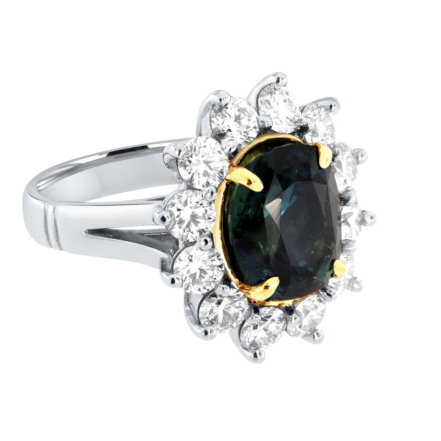 Oval Cut Platinum & 18K Yellow Gold Oval 7.12 Carat No Heat Sapphire and Diamond Ring For Sale
