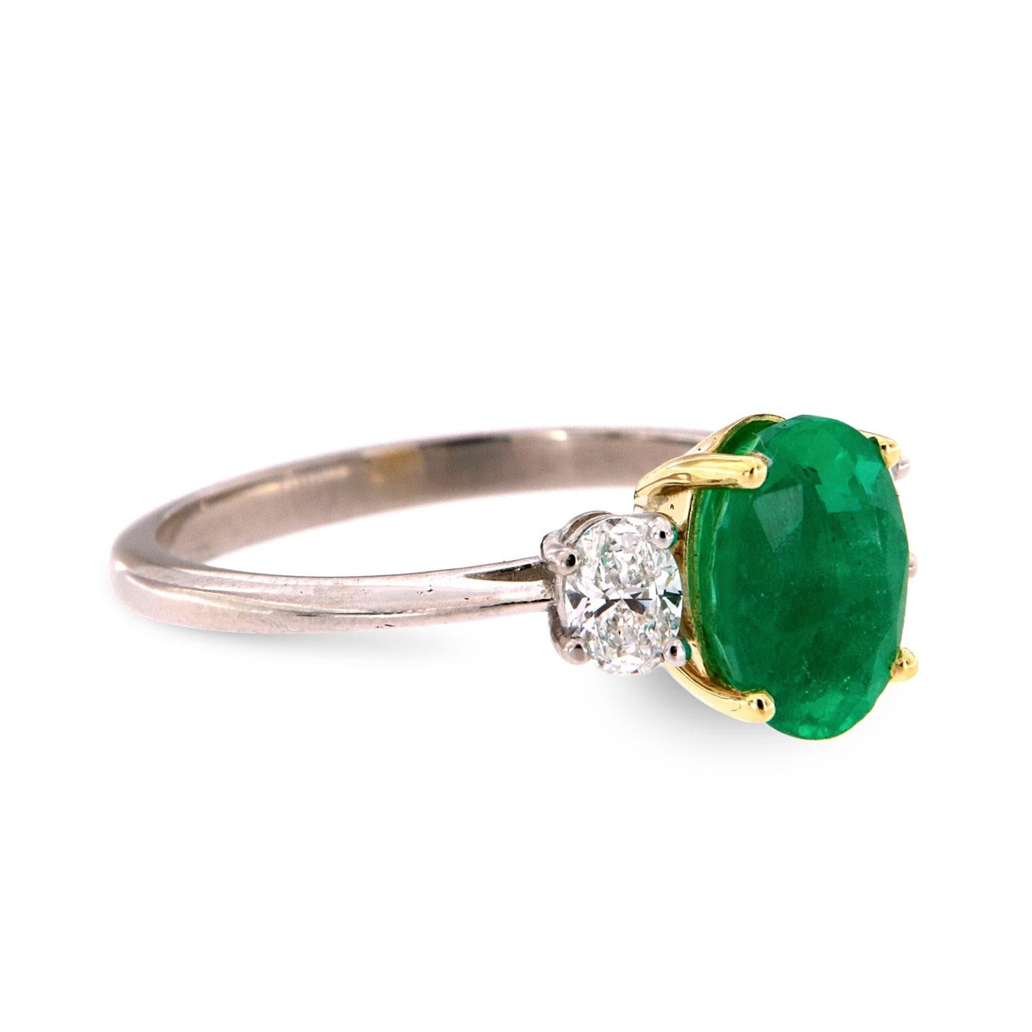 Oval Cut GIA Certified 1.86 Carat Oval Green Emerald Platinum & 18k YG Gold Diamond Ring  For Sale