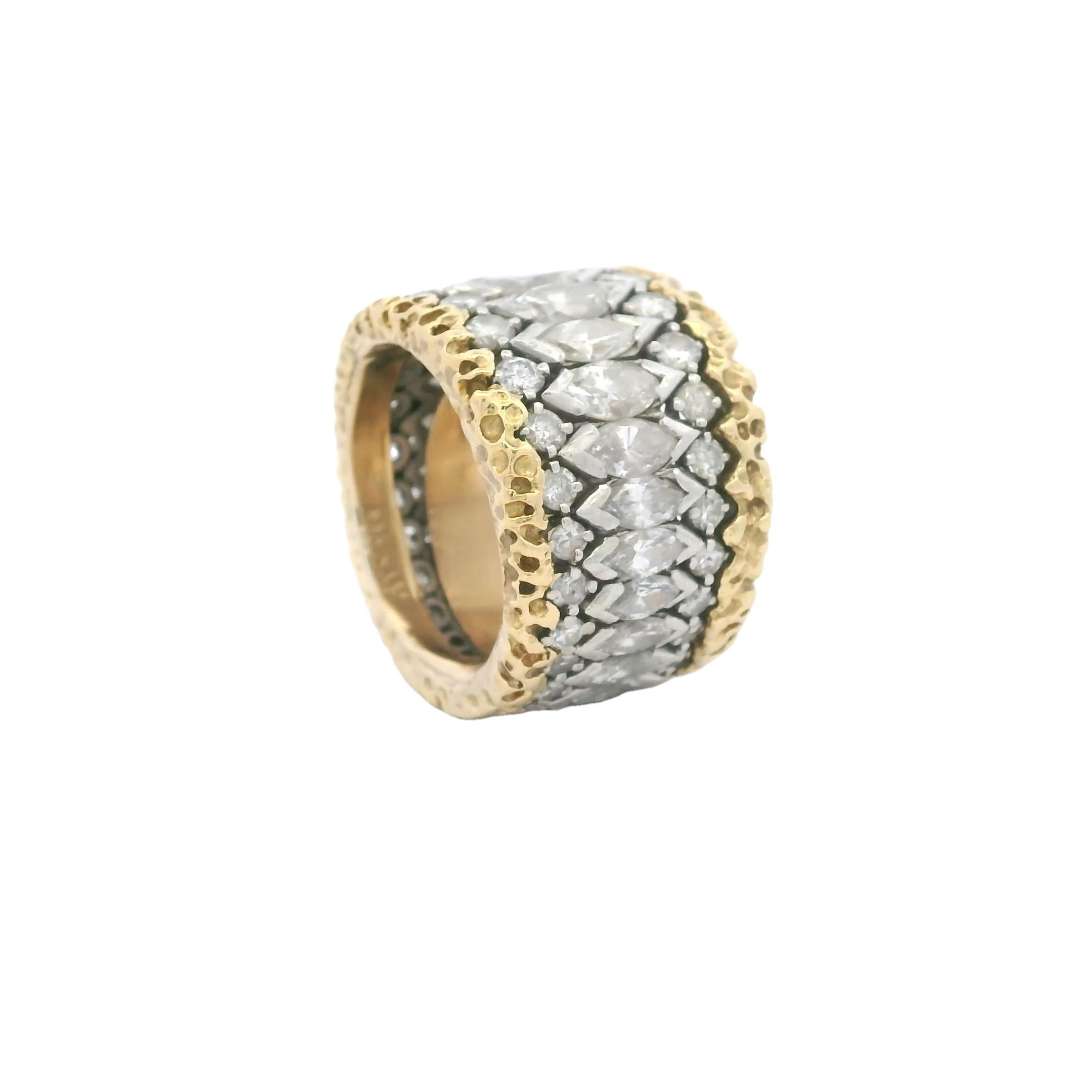 Contemporary Platinum & 18K Yellow Gold Wide Diamond Band Ring, 7.00 Carats, GH Color, VS/VVS For Sale