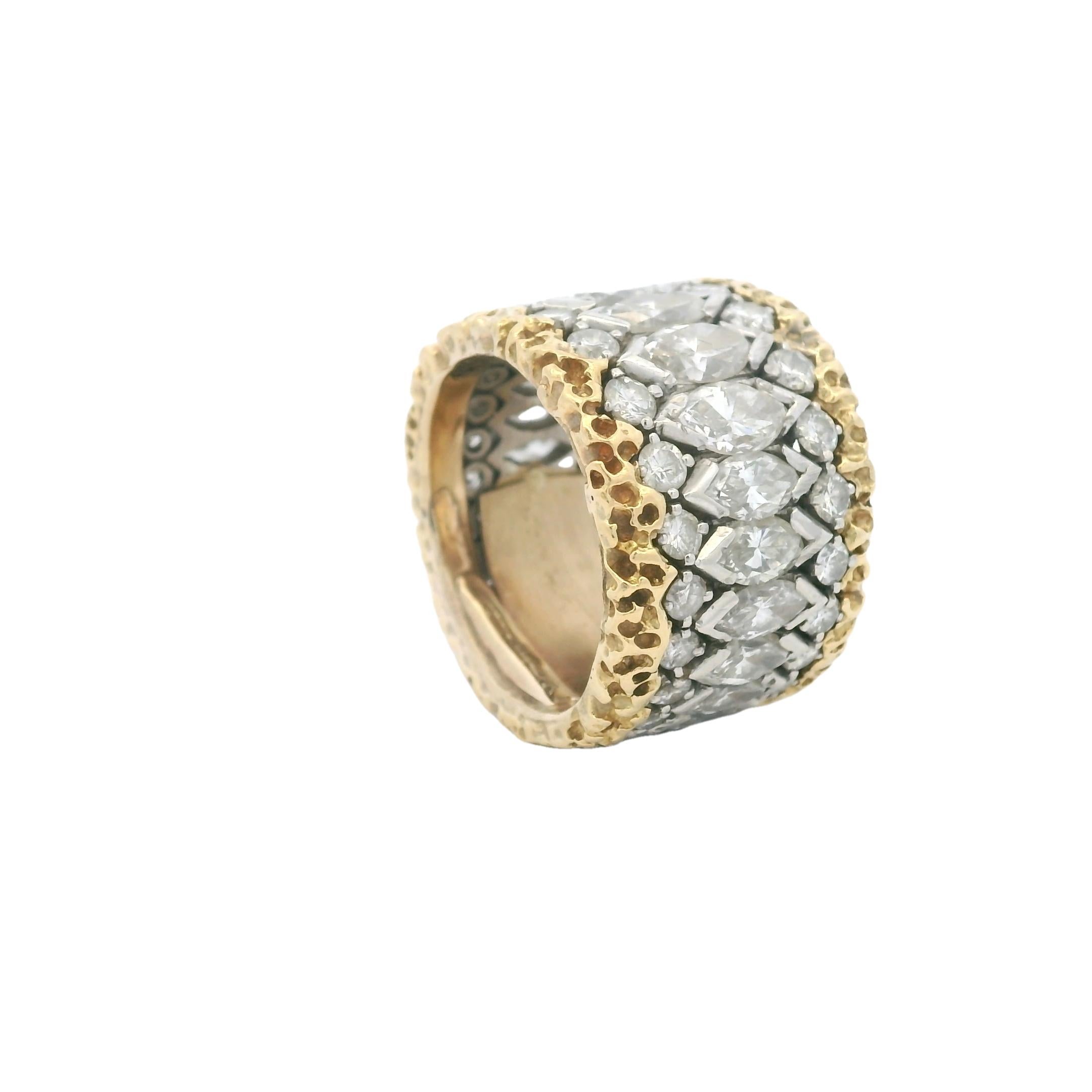 Marquise Cut Platinum & 18K Yellow Gold Wide Diamond Band Ring, 7.00 Carats, GH Color, VS/VVS For Sale