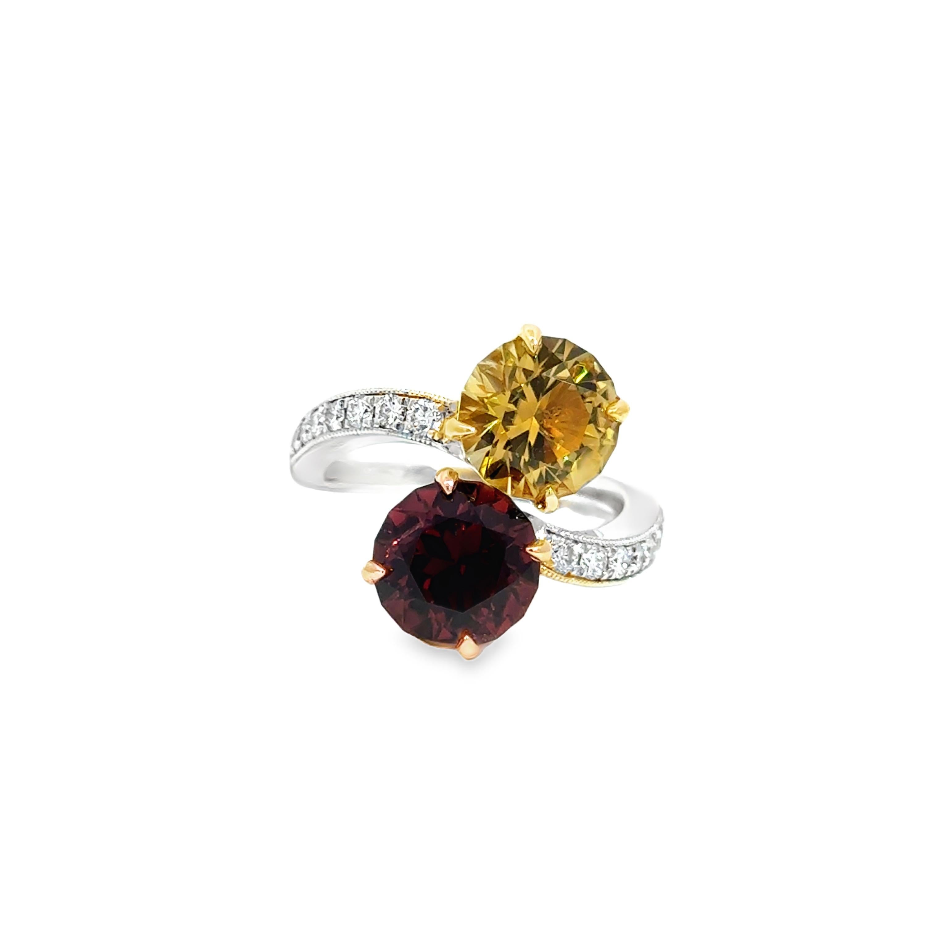 Bague en platine, or jaune et rose 18k avec tourmaline jaune et rose en vente 5
