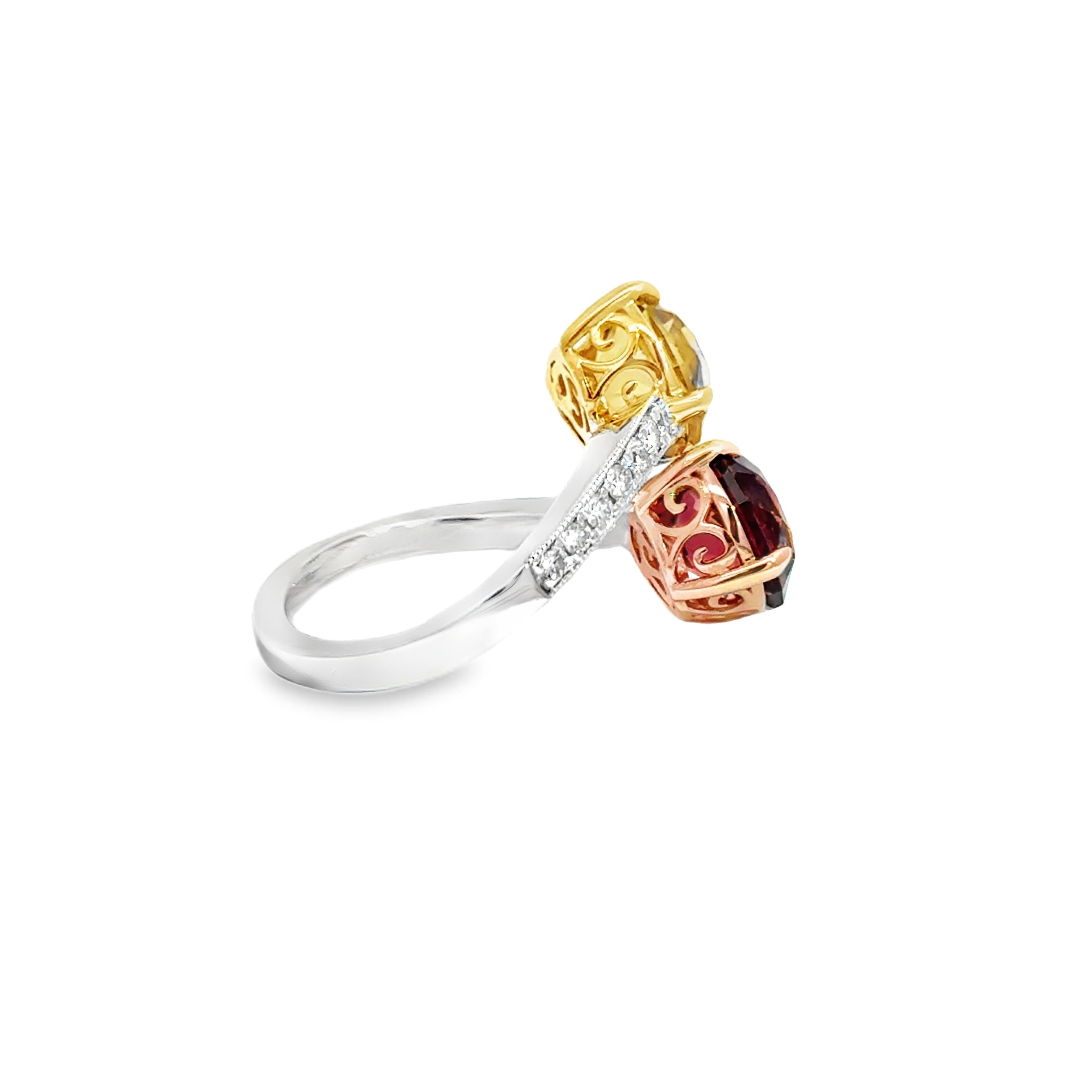 Bague en platine, or jaune et rose 18k avec tourmaline jaune et rose en vente 1