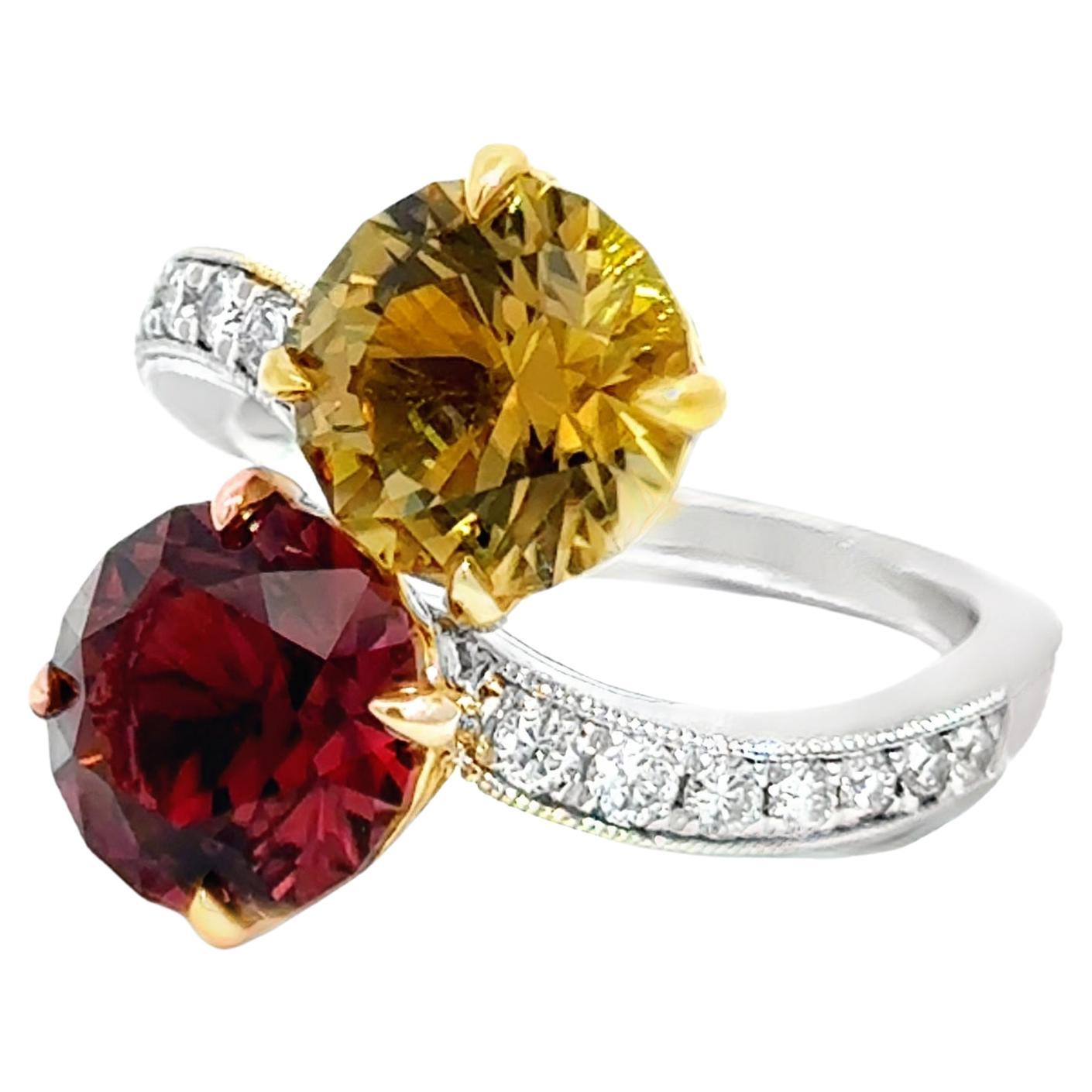 Bague en platine, or jaune et rose 18k avec tourmaline jaune et rose en vente