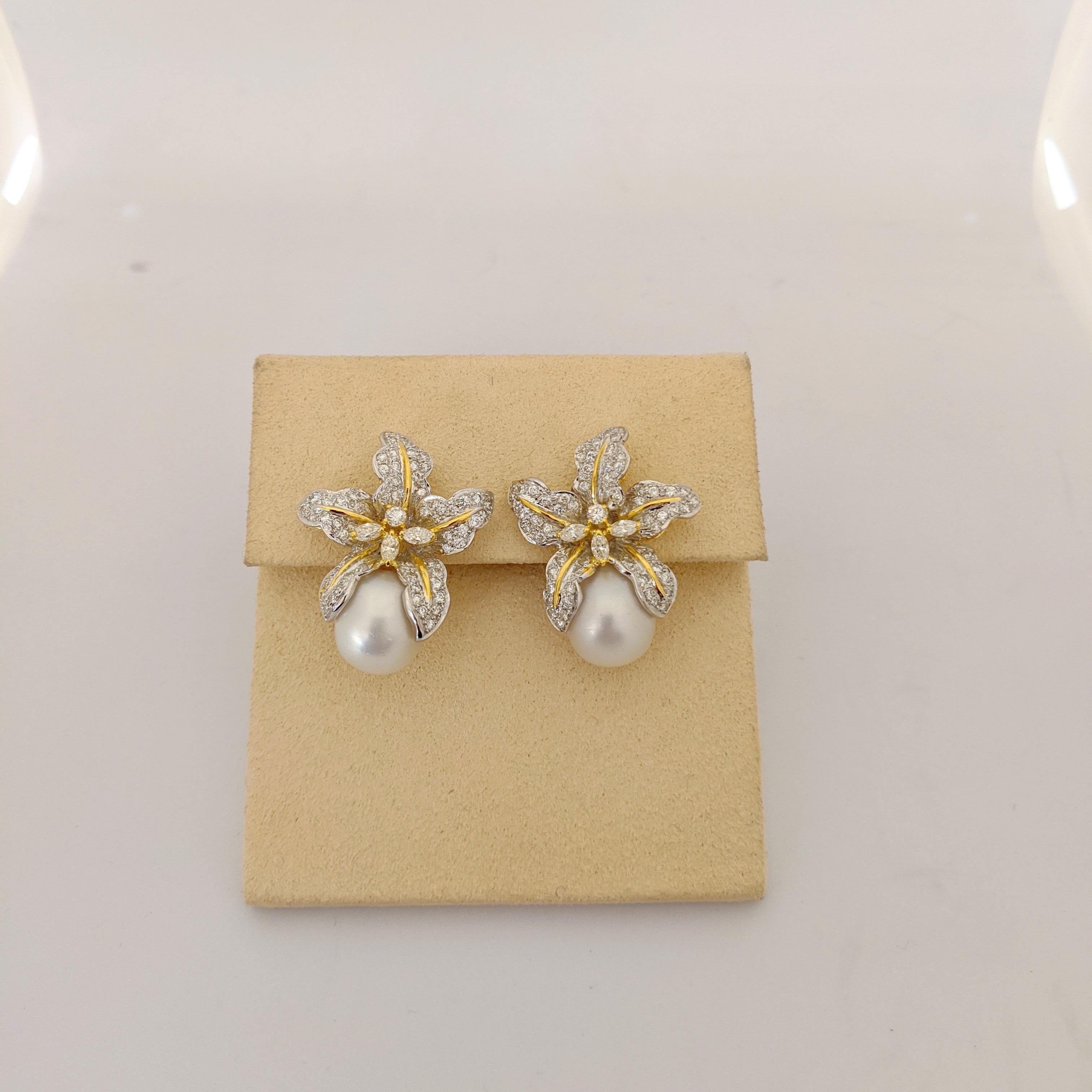 Contemporary Platinum & 18KT 2.80Ct. Diamond Orchid Flower Earrings with South Sea Pearl Drop
