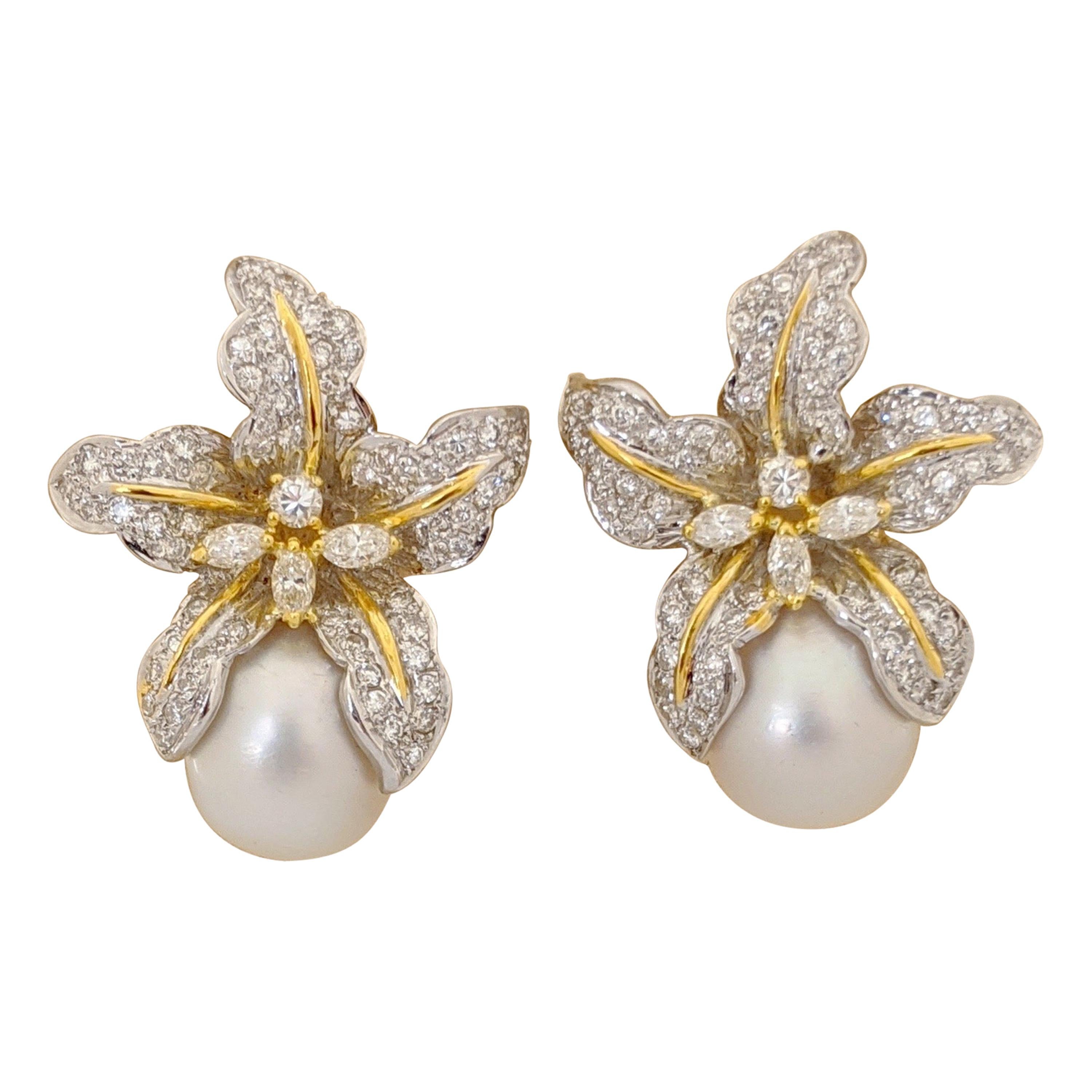 Platinum & 18KT 2.80Ct. Diamond Orchid Flower Earrings with South Sea Pearl Drop
