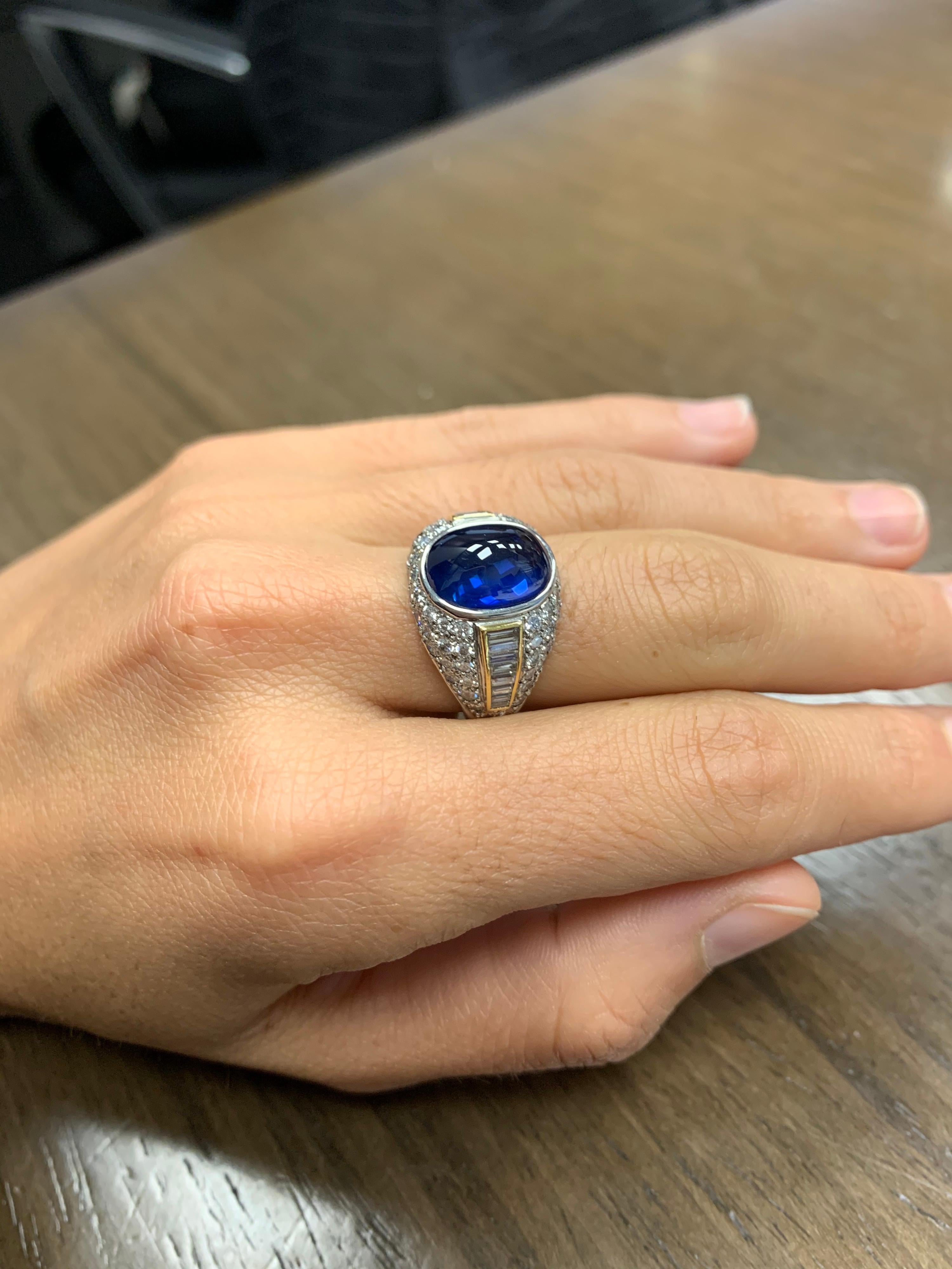 Platinum and 18KT Dome Ring with 6.85Ct. Cabochon Sapphire, and 2.78Ct. Diamonds In New Condition For Sale In New York, NY