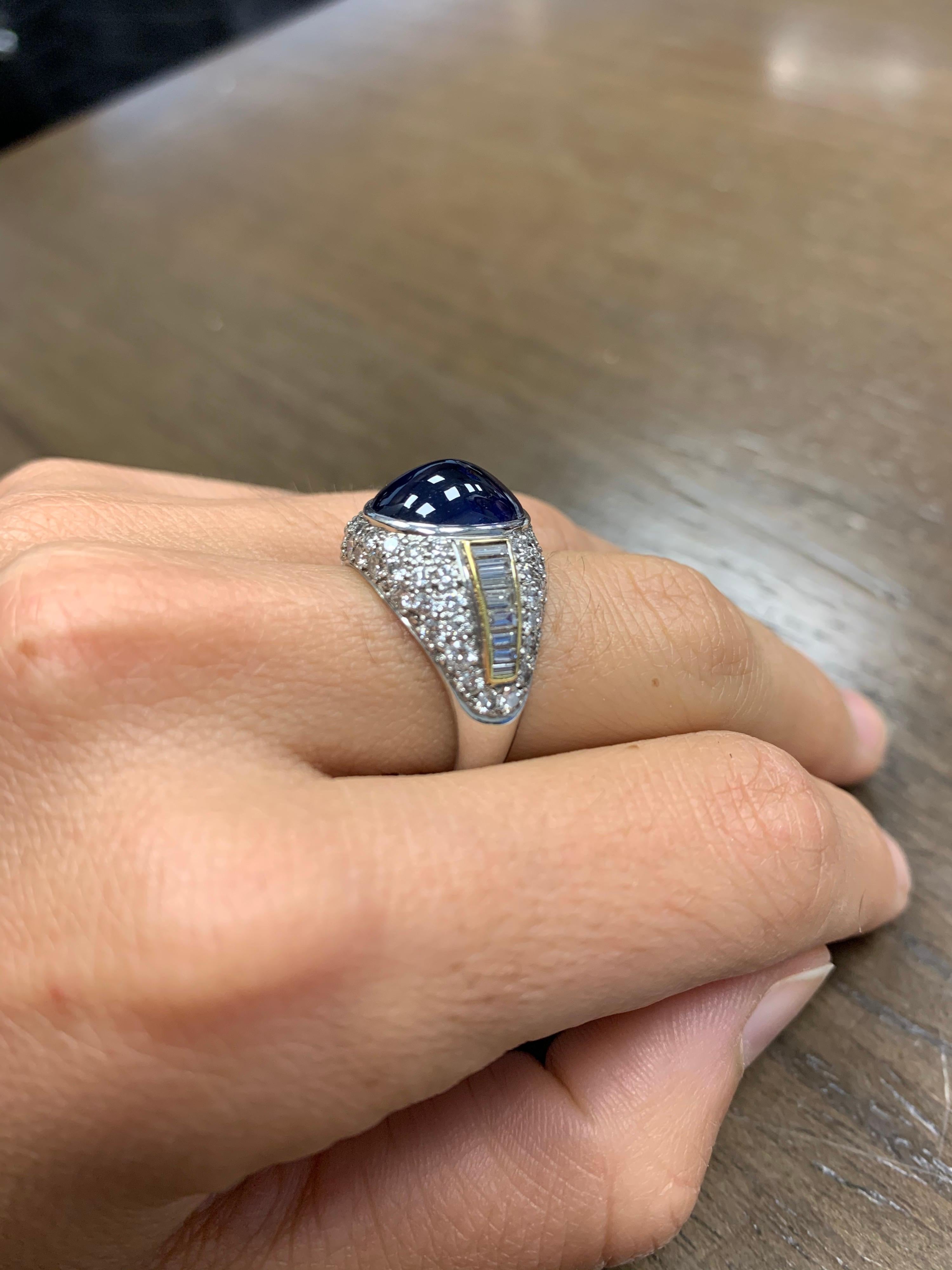 Women's or Men's Platinum and 18KT Dome Ring with 6.85Ct. Cabochon Sapphire, and 2.78Ct. Diamonds For Sale