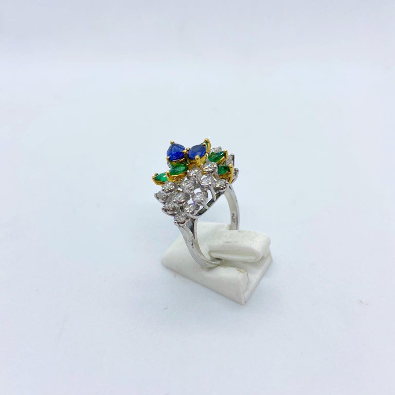 Retro Platinum and 18KT Gold, 2.17Ct. Diamond, 1.13Ct. Sapphire & .89Ct. Emerald Ring For Sale