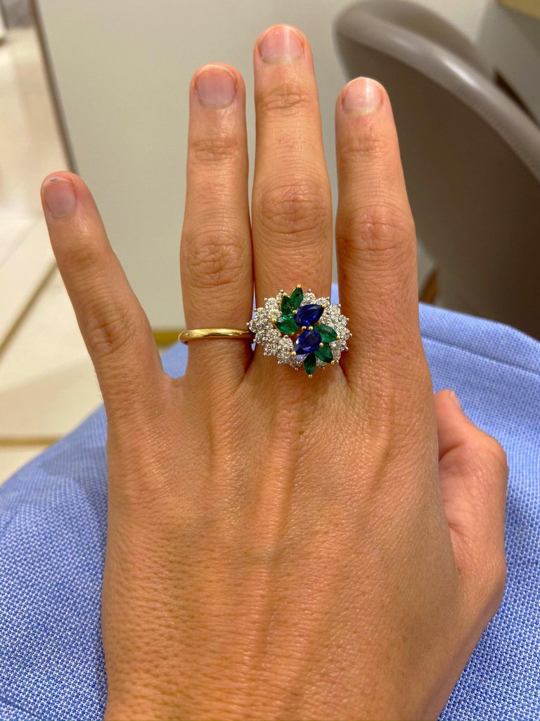 Platinum and 18KT Gold, 2.17Ct. Diamond, 1.13Ct. Sapphire & .89Ct. Emerald Ring In New Condition For Sale In New York, NY