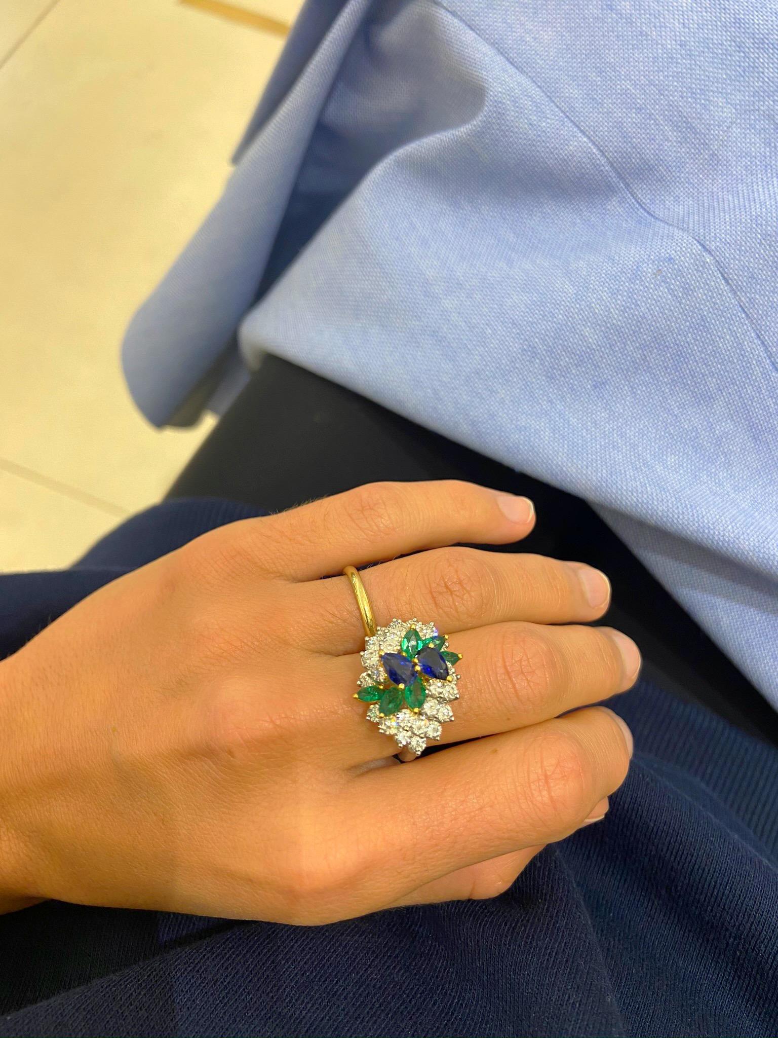 Platinum and 18KT Gold, 2.17Ct. Diamond, 1.13Ct. Sapphire & .89Ct. Emerald Ring In New Condition For Sale In New York, NY
