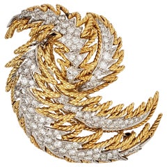 Platinum and 18 Karat Gold Diamond Feather Brooch