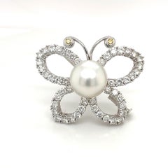 Platinum and 18 Karat White Gold 3.20 Carat Diamond and Pearl Butterfly Brooch