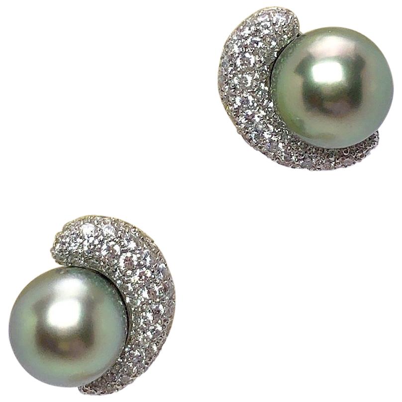 Platinum & 18KT White Gold and Diamond Earrings with Green Tahitian Pearl Center For Sale