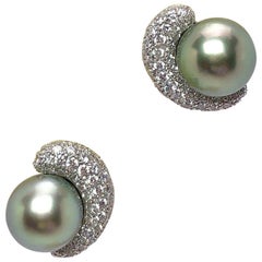 Platinum & 18KT White Gold and Diamond Earrings with Green Tahitian Pearl Center