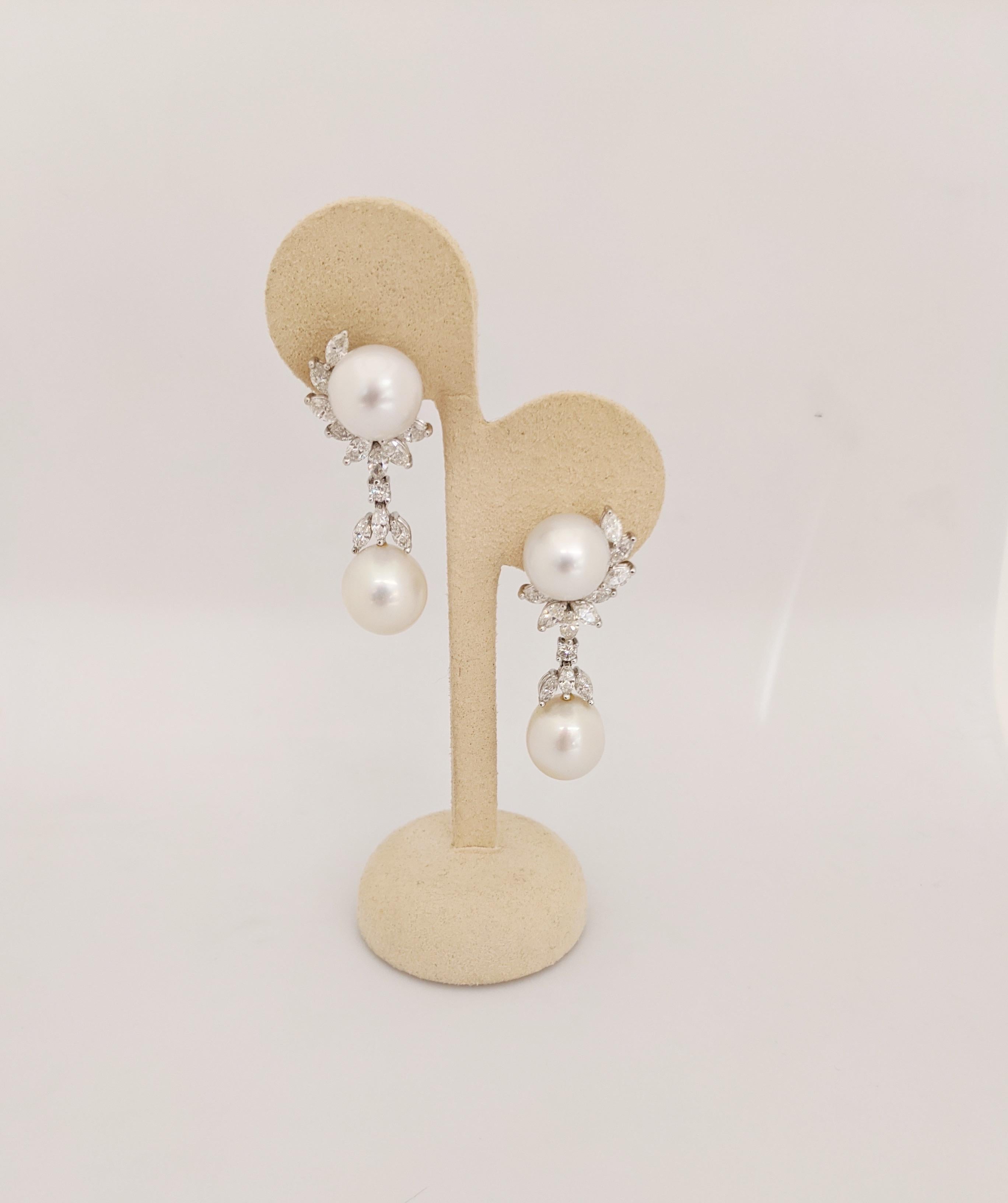Modern Platinum and 18kt White Gold Earrings with South Sea Pearls and 3.07ct Diamonds For Sale