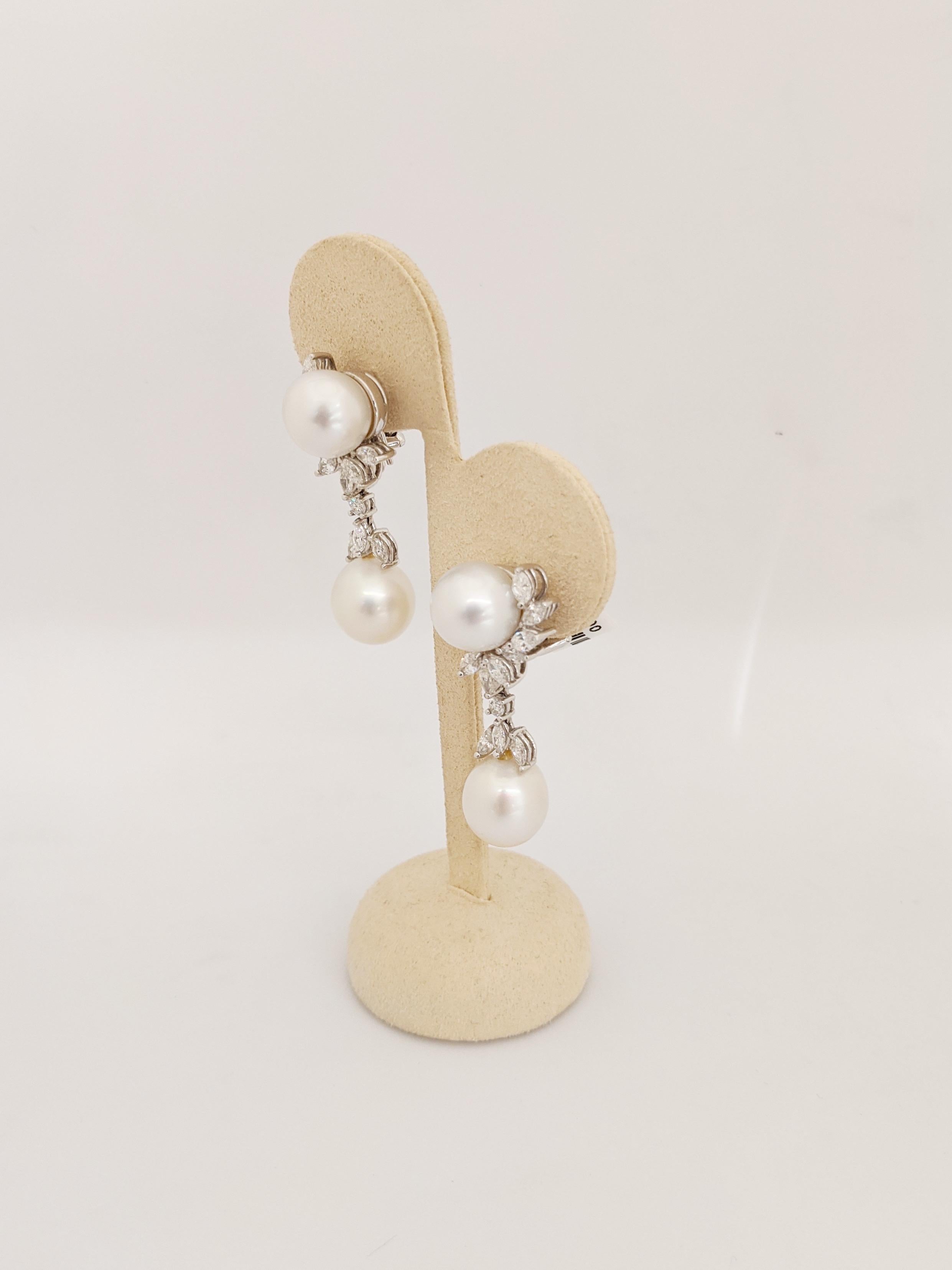 Marquise Cut Platinum and 18kt White Gold Earrings with South Sea Pearls and 3.07ct Diamonds For Sale