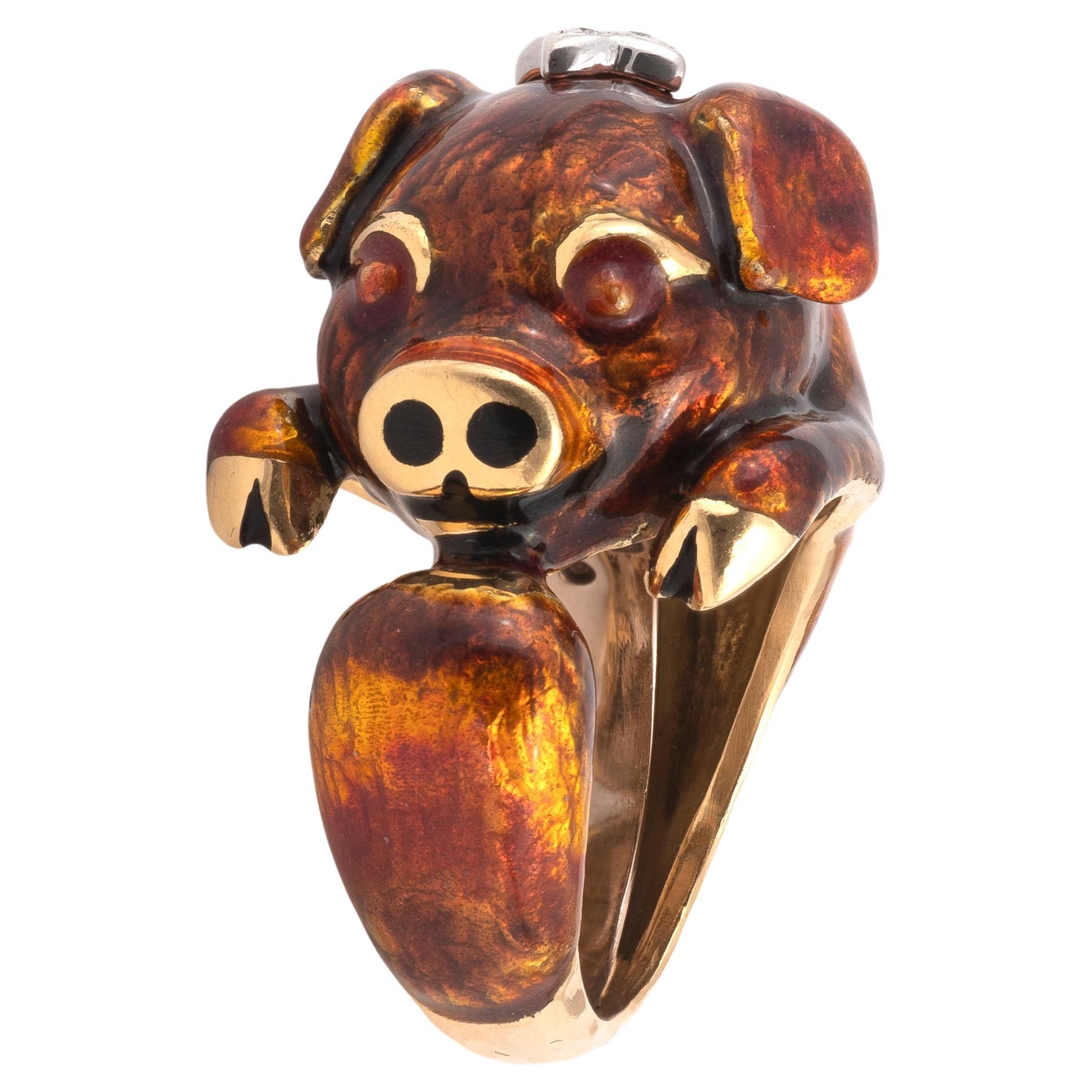 Platinum & 18kt Yellow Gold Diamond Pig Ring by David Webb For Sale