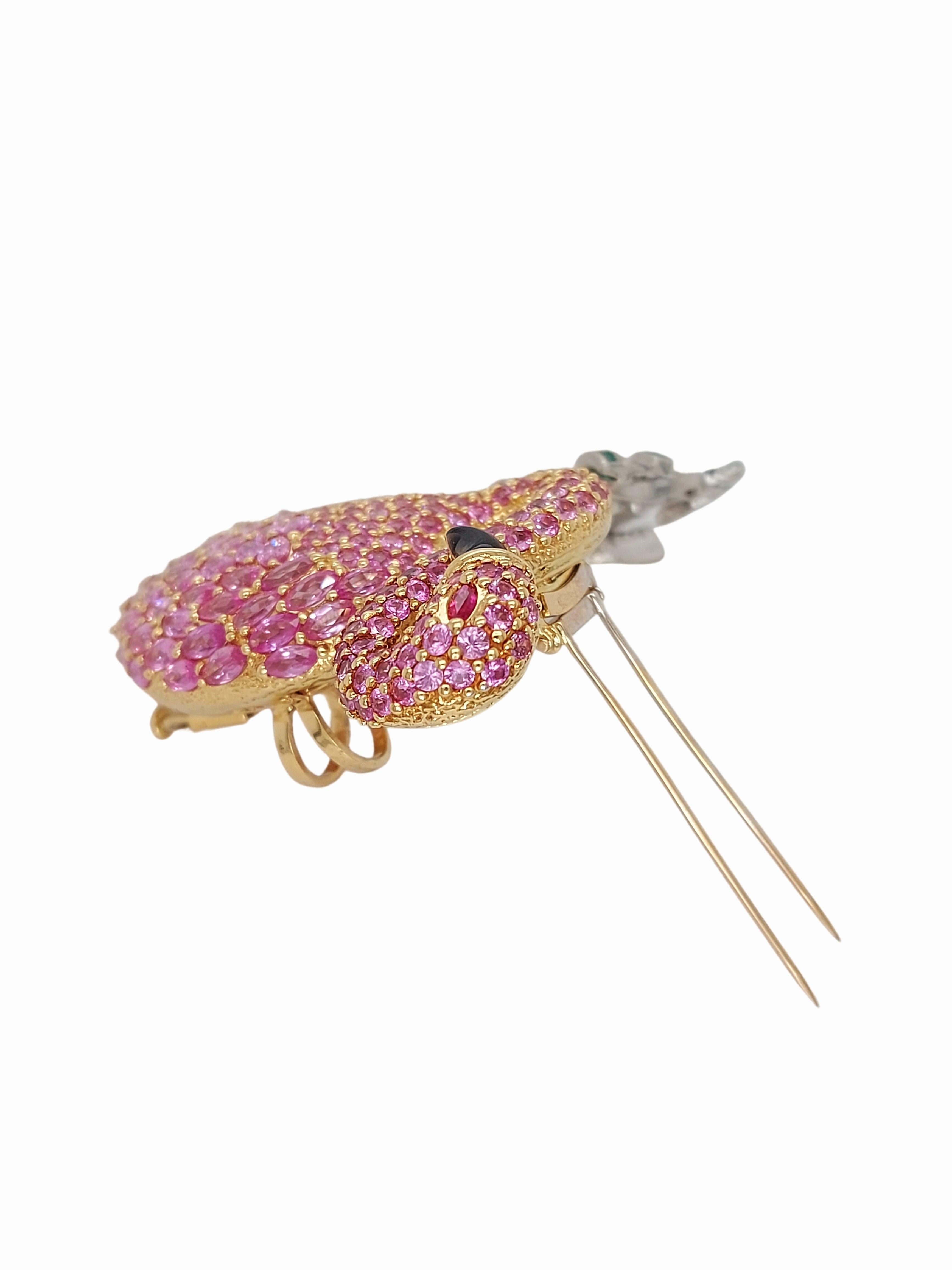 Broche/pendentif Flamingo en platine et or jaune 18 carats, diamants, émeraudes et rubis en vente 4