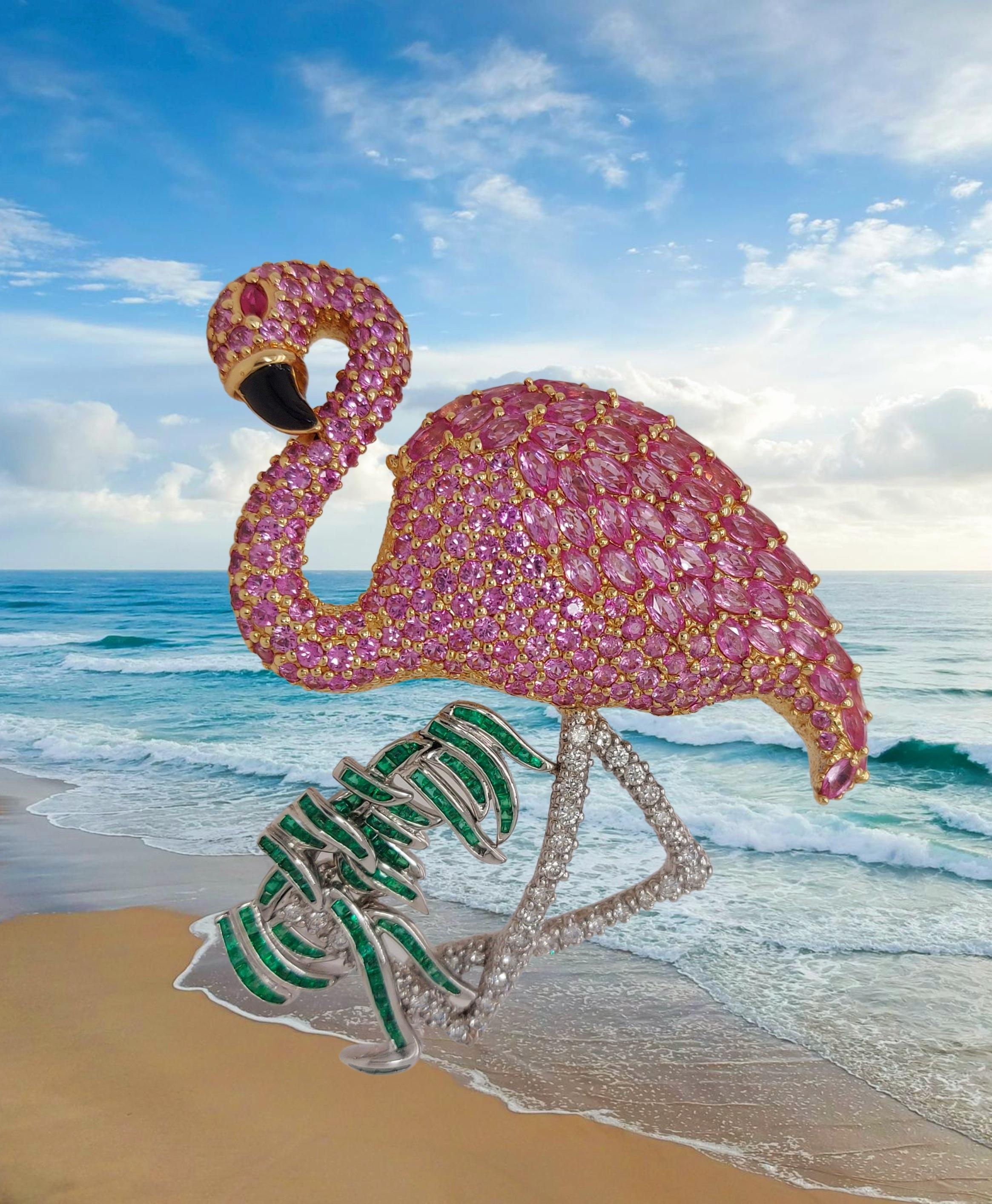 Platinum & 18kt Yellow Gold Flamingo Brooch / Pendant Diamonds, Emeralds, Ruby For Sale 2