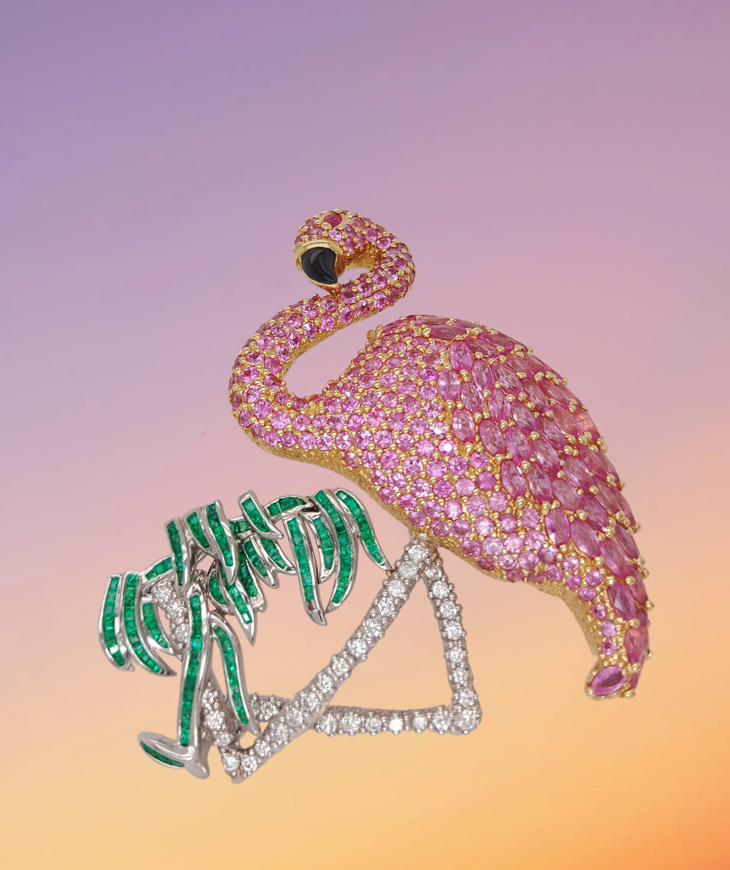 Platinum & 18kt Yellow Gold Flamingo Brooch / Pendant Diamonds, Emeralds, Ruby For Sale 3