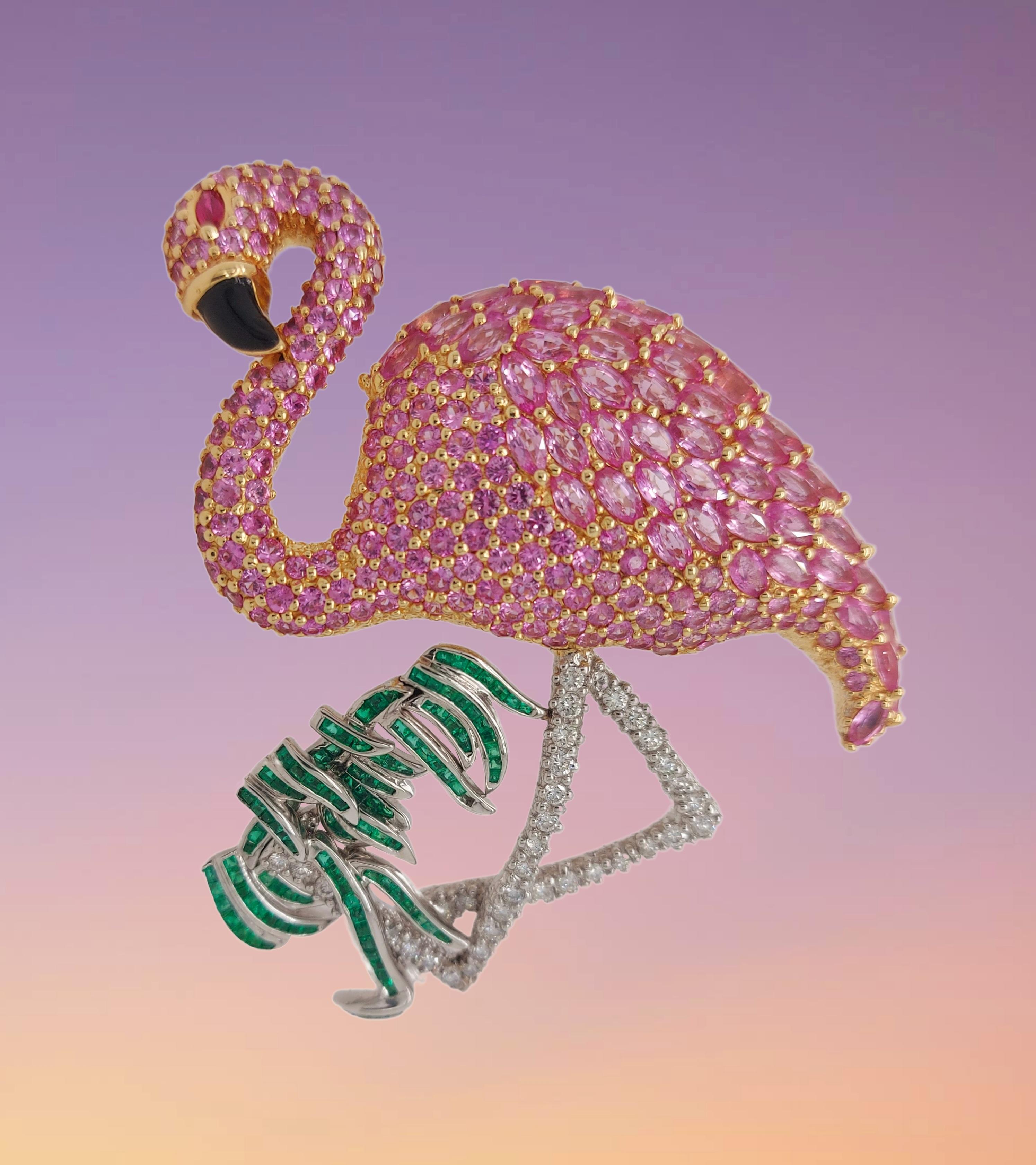 Huge Dazzling Platinum & 18kt Yellow Gold Flamingo Brooch / Pendant With Diamonds, Emeralds, Ruby, Onyx

One of a Kind Handcrafted Piece of Art !

Diamond: 38 diamonds

Emerald: 107 emerald stones

Pink Sapphire No Heat : 60 long + 163 round 7
