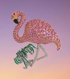 Platinum & 18kt Yellow Gold Flamingo Brooch / Pendant Diamonds, Emeralds, Ruby
