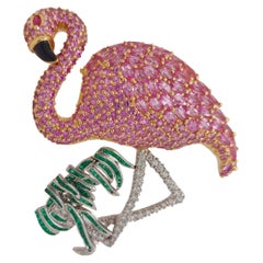 Platinum & 18kt Yellow Gold Flamingo Brooch / Pendant Diamonds, Emeralds, Ruby
