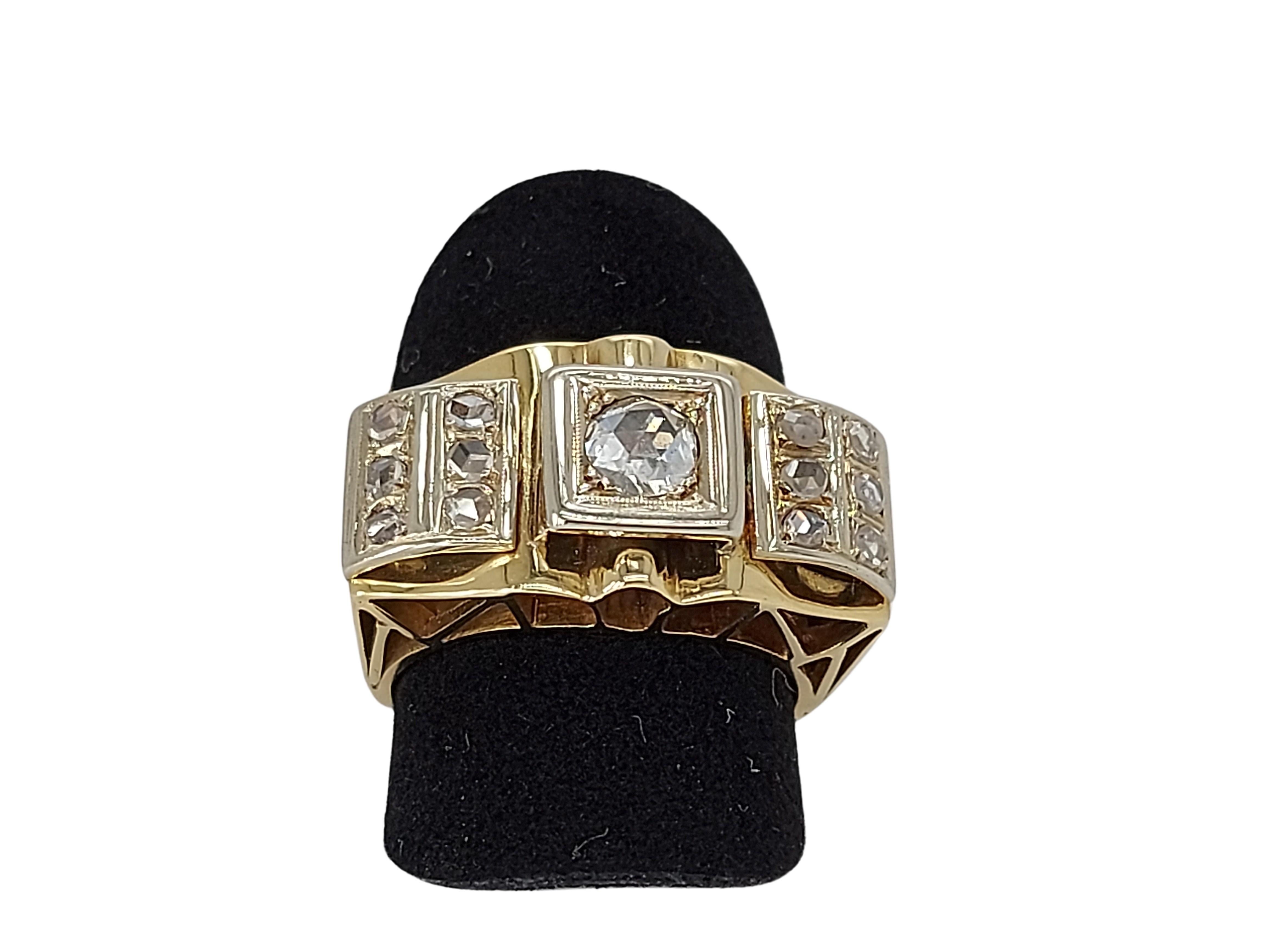 Platinum & 18kt Yellow Gold Ring with 0.60 ct Rose Cut Diamonds Set in Platinum For Sale 8