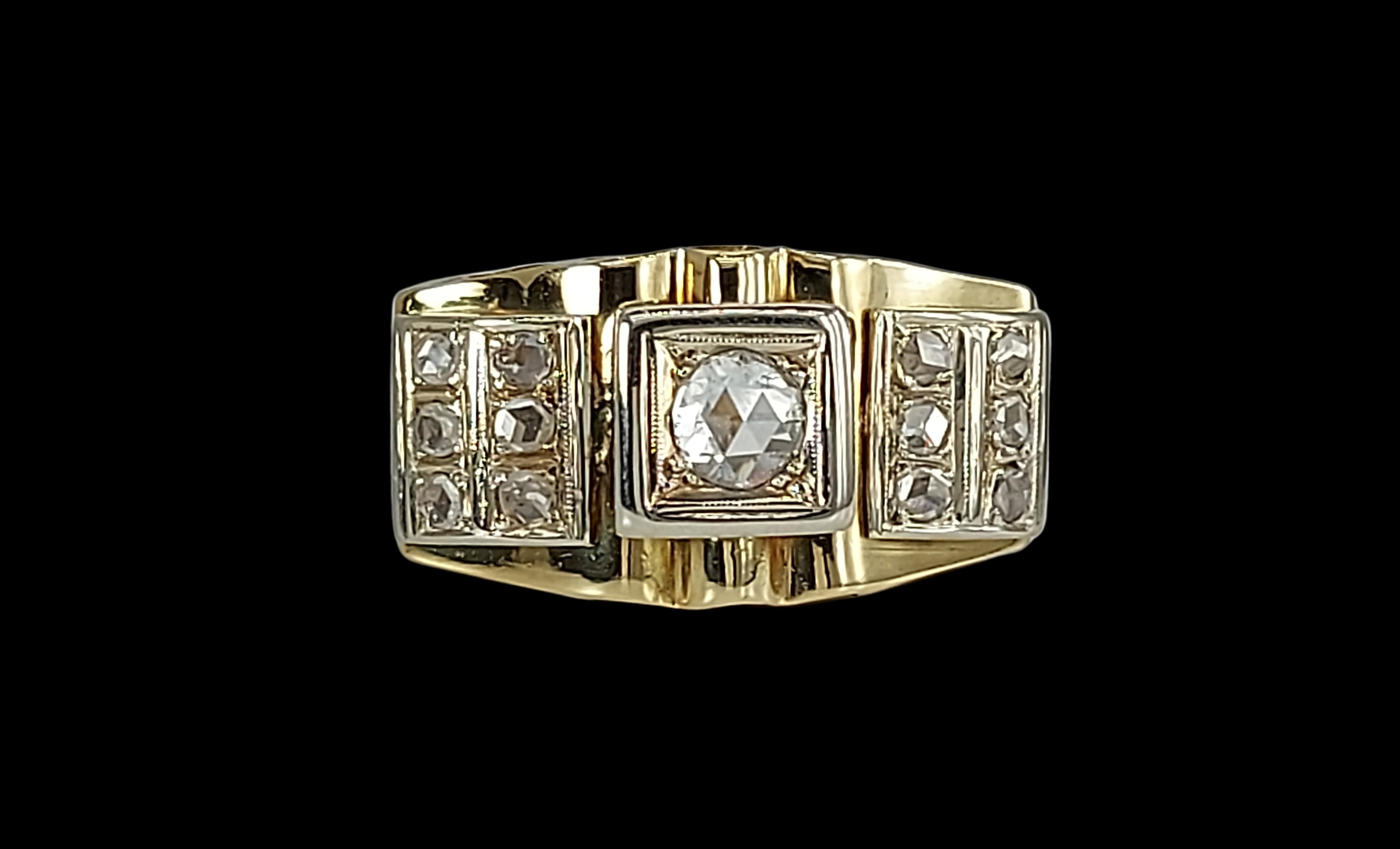 Platinum & 18kt Yellow Gold Ring with 0.60 ct Rose Cut Diamonds Set in Platinum For Sale 9