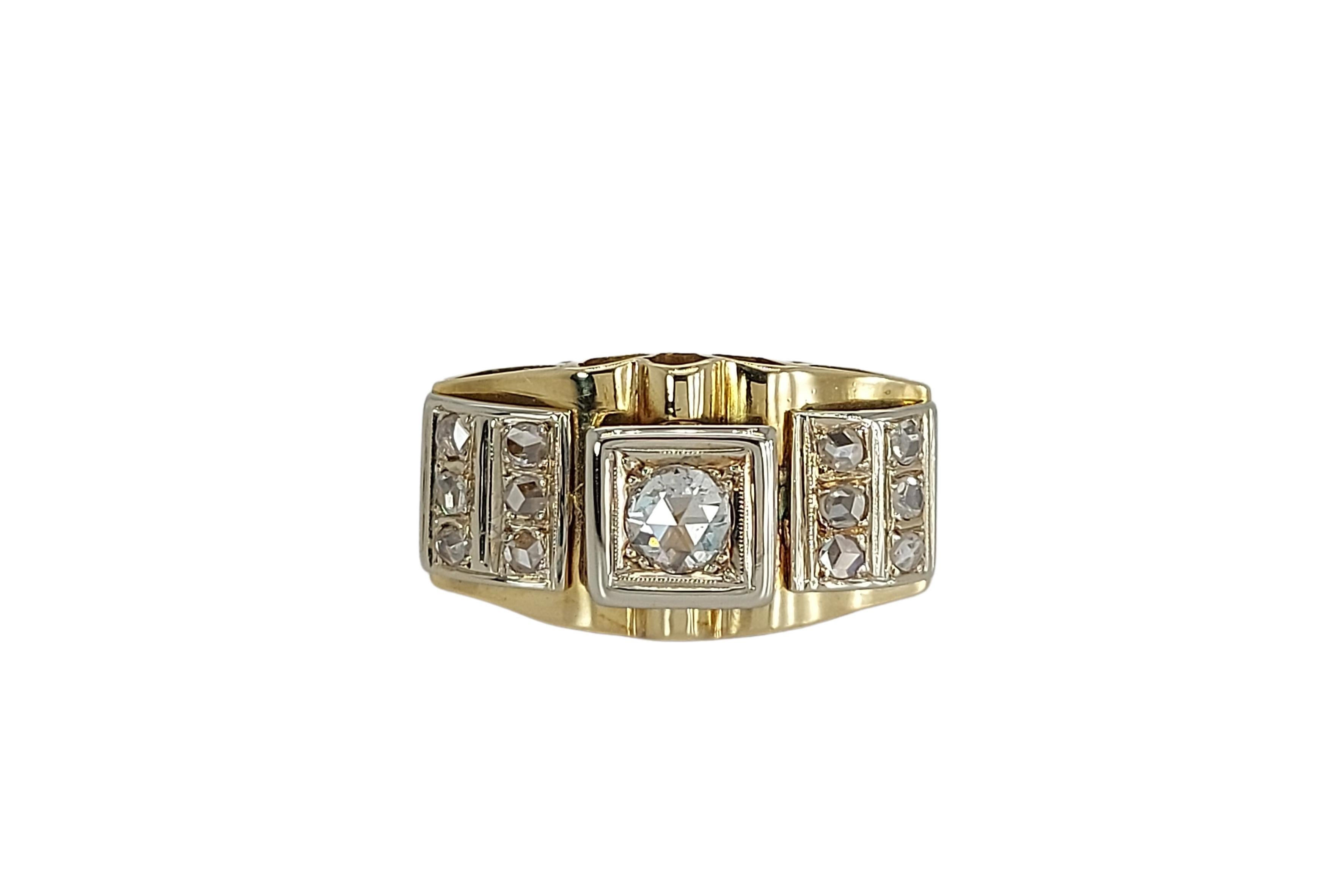 Art Deco Platinum & 18kt Yellow Gold Ring with 0.60 ct Rose Cut Diamonds Set in Platinum For Sale