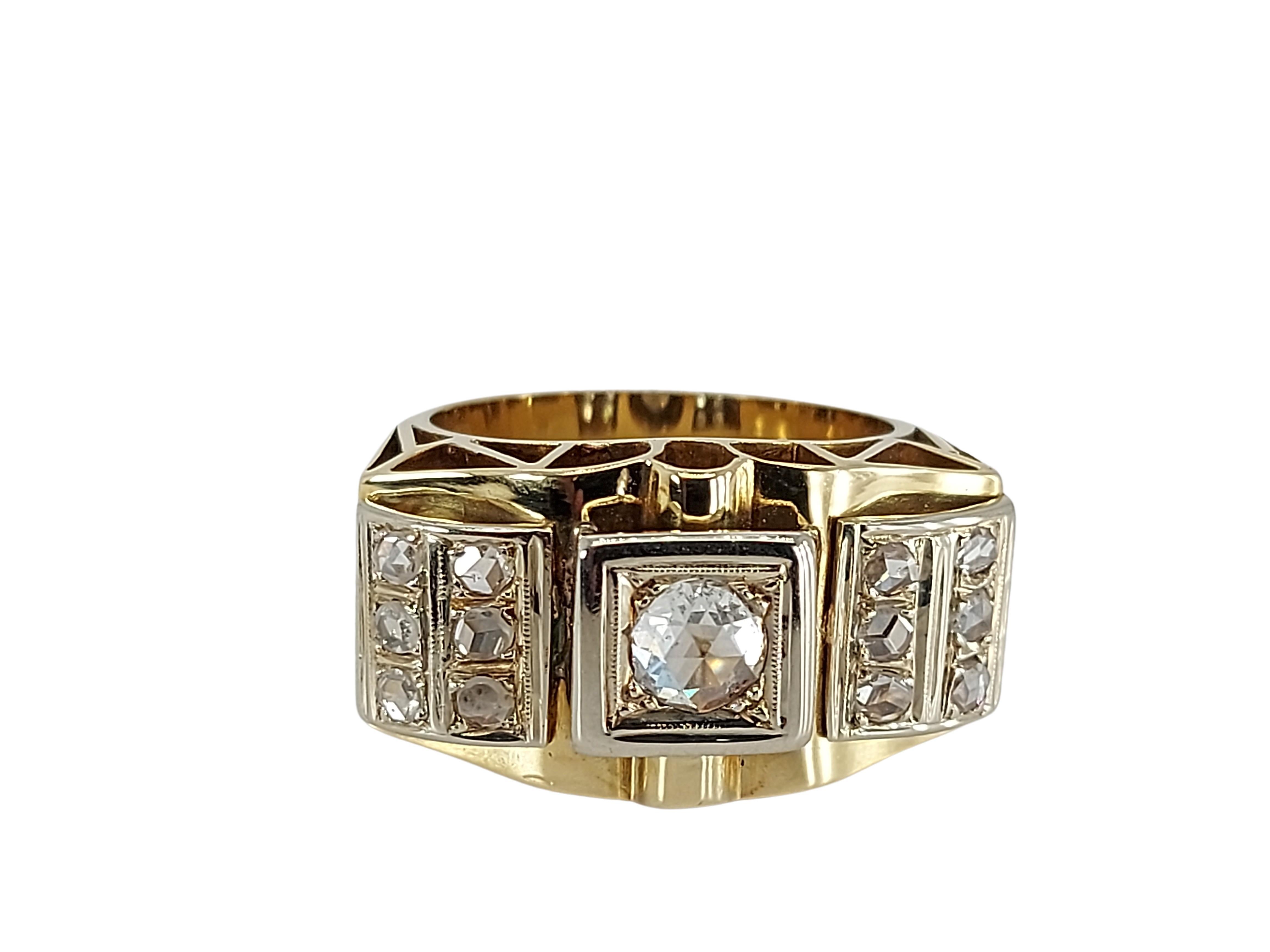 Women's or Men's Platinum & 18kt Yellow Gold Ring with 0.60 ct Rose Cut Diamonds Set in Platinum For Sale