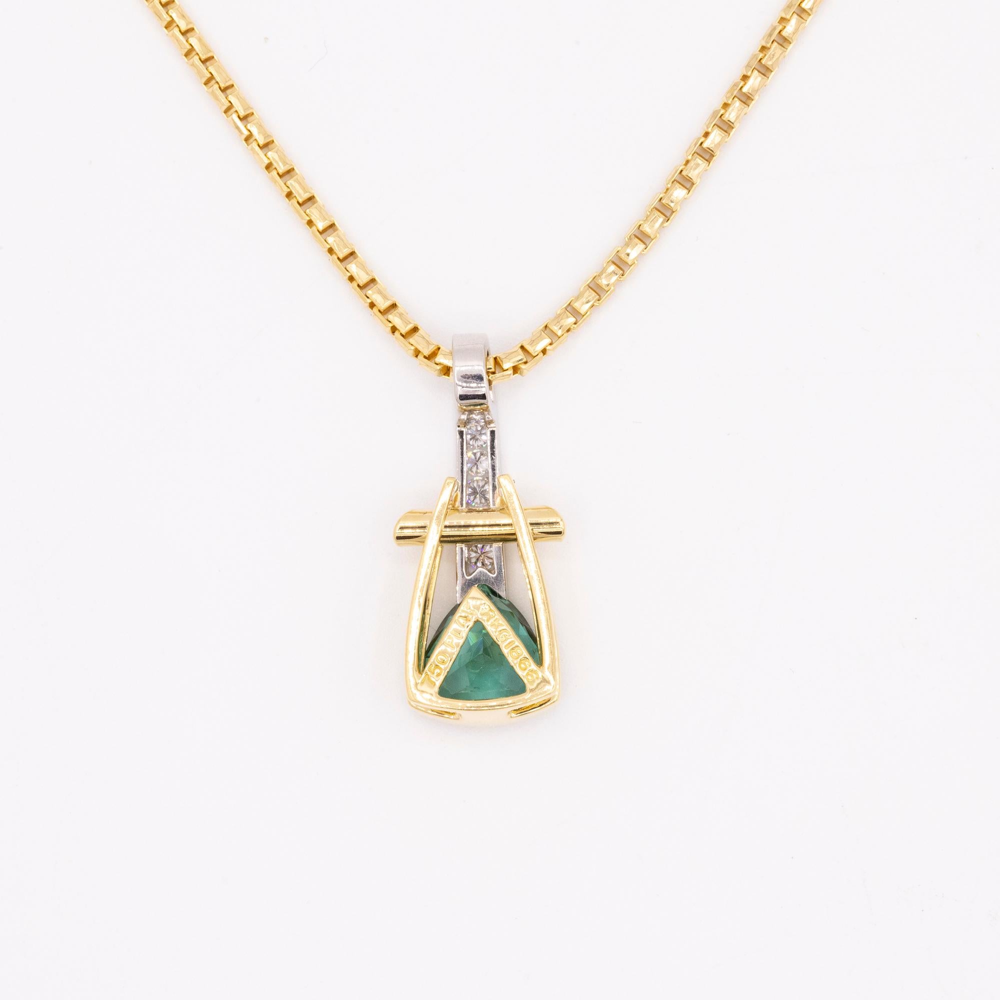 Modern Platinum and 18 Karat Yellow Gold Tourmaline and Diamond Pendant For Sale