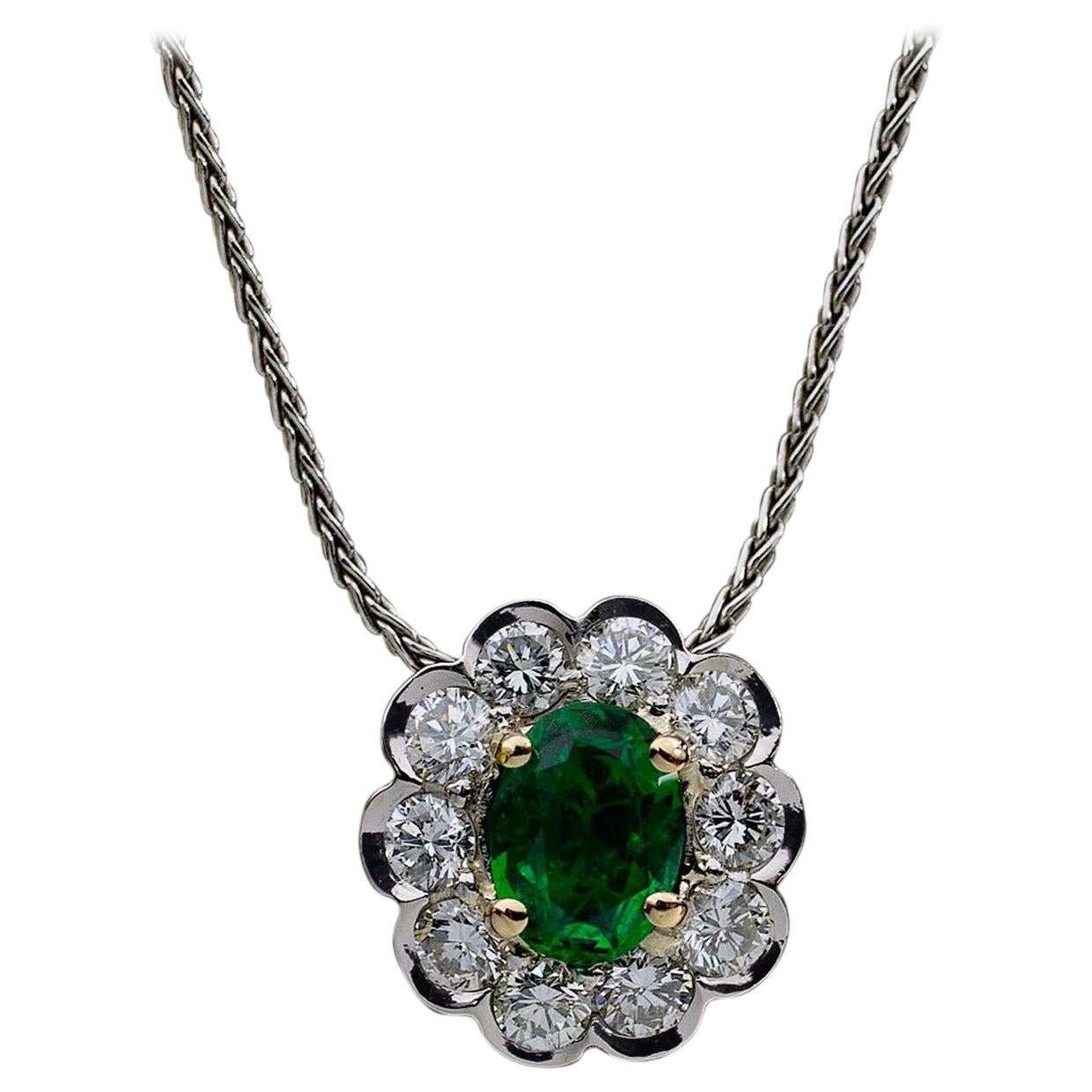 Platinum/18kyg 1.95 Carat Oval Cut Emerald and Diamond Pendant Necklace
