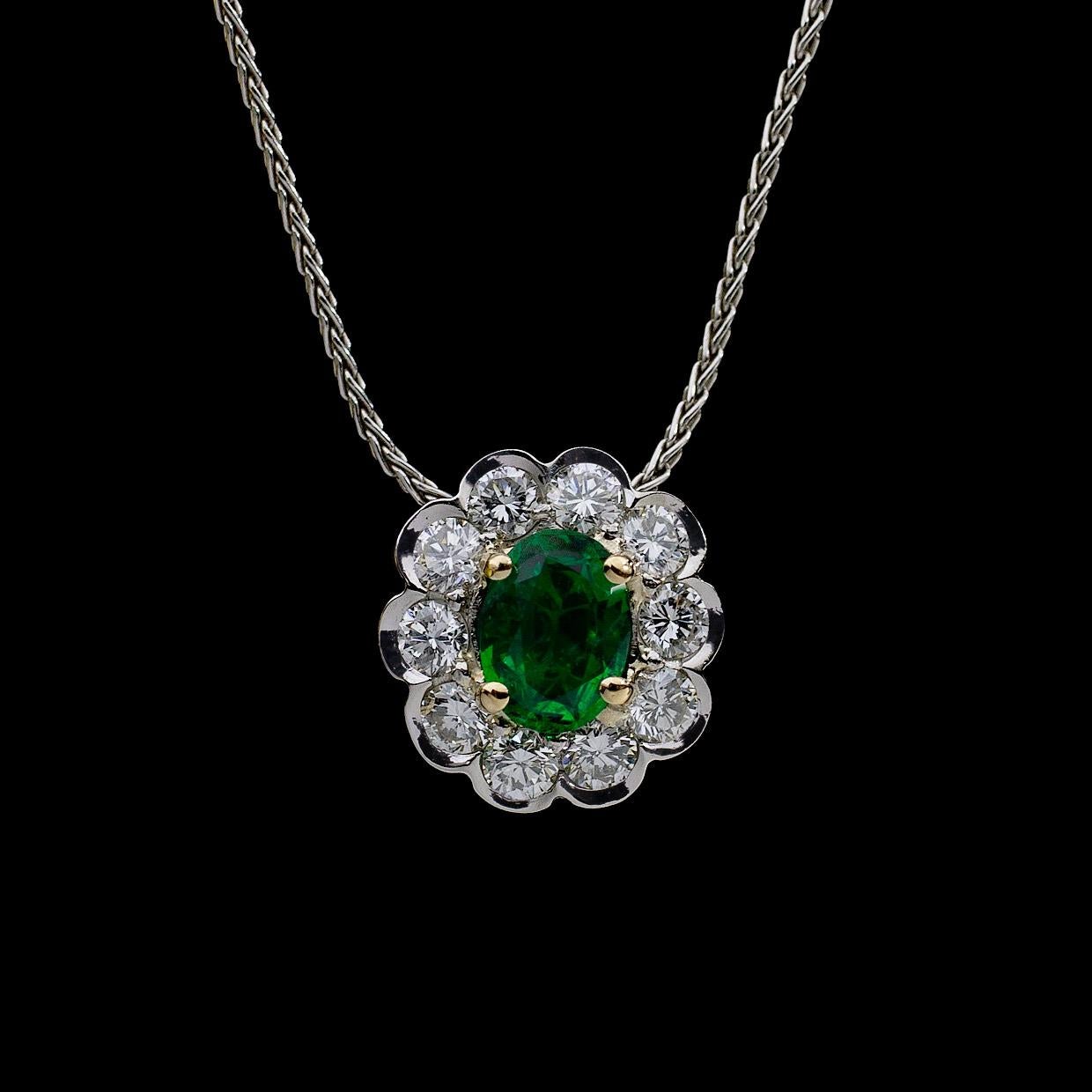 Women's Platinum/18kyg 1.95 Carat Oval Cut Emerald and Diamond Pendant Necklace