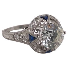 Vintage Platinum 1.91 Carat Old European Diamond & Sapphire Engagement Ring