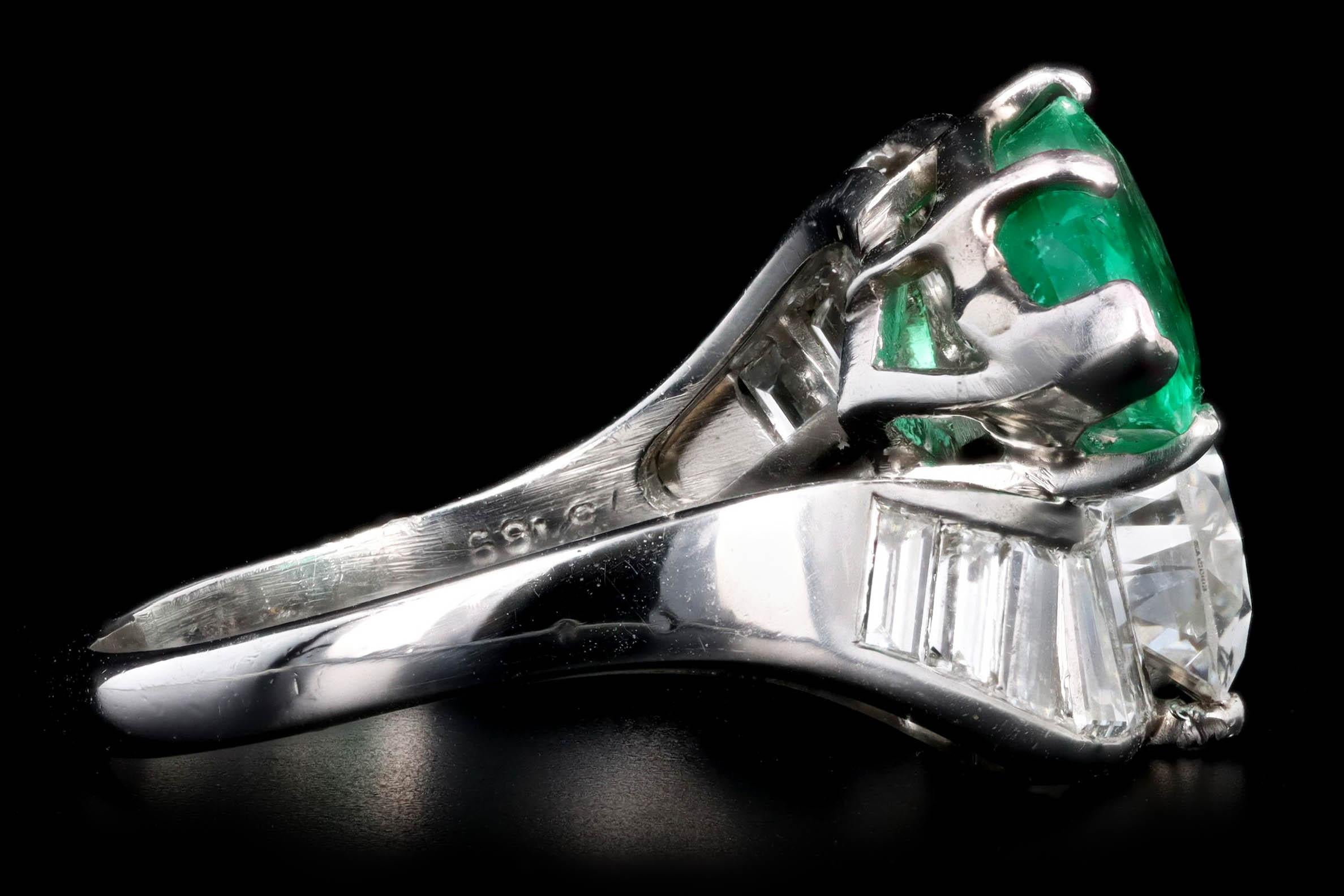 Retro Platinum 1.91 Carat Pear Diamond & 1.5 Carat Natural Emerald Toi Et Moi Ring For Sale