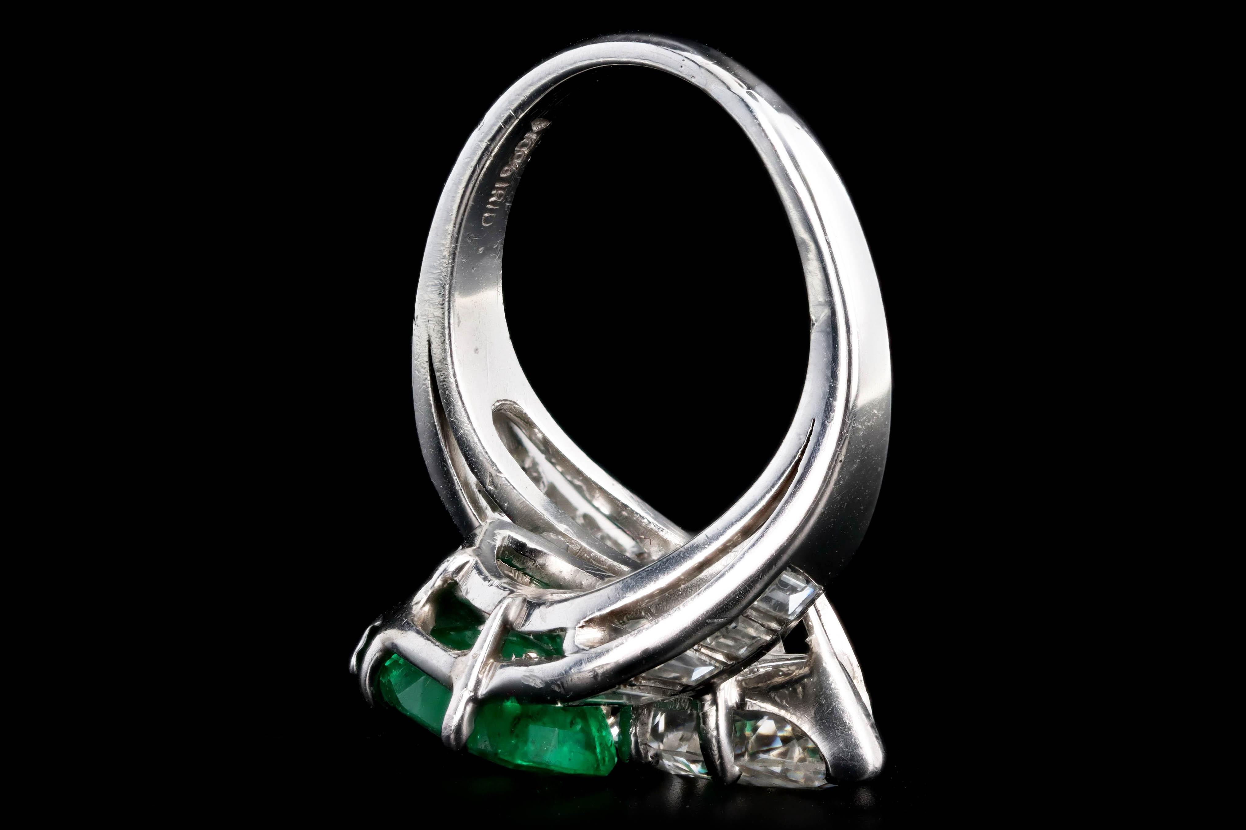 Platinum 1.91 Carat Pear Diamond & 1.5 Carat Natural Emerald Toi Et Moi Ring In Excellent Condition For Sale In Cape May, NJ