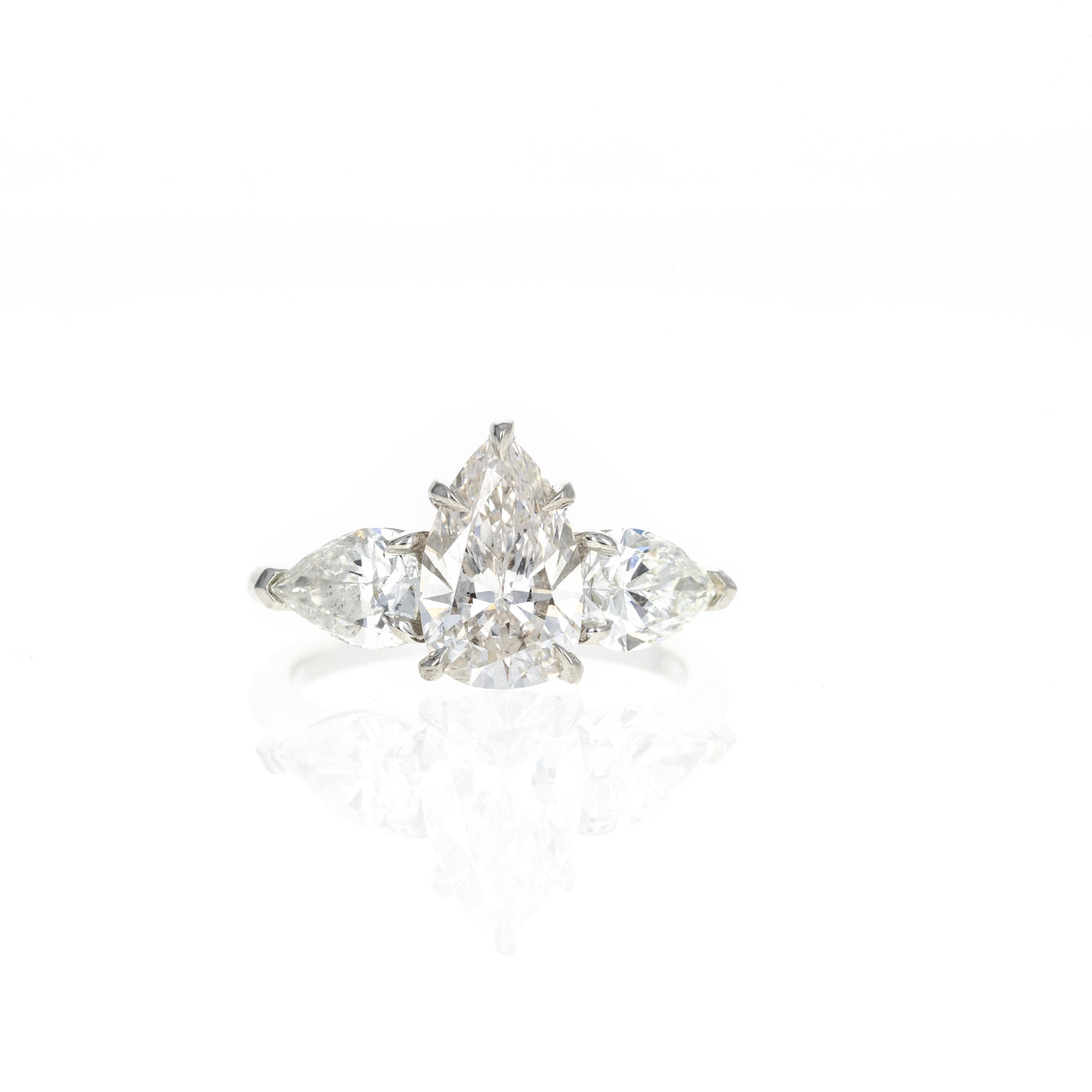 Platinum 1.91 Carat Pear Diamond Three Stone Engagement Ring For Sale 1