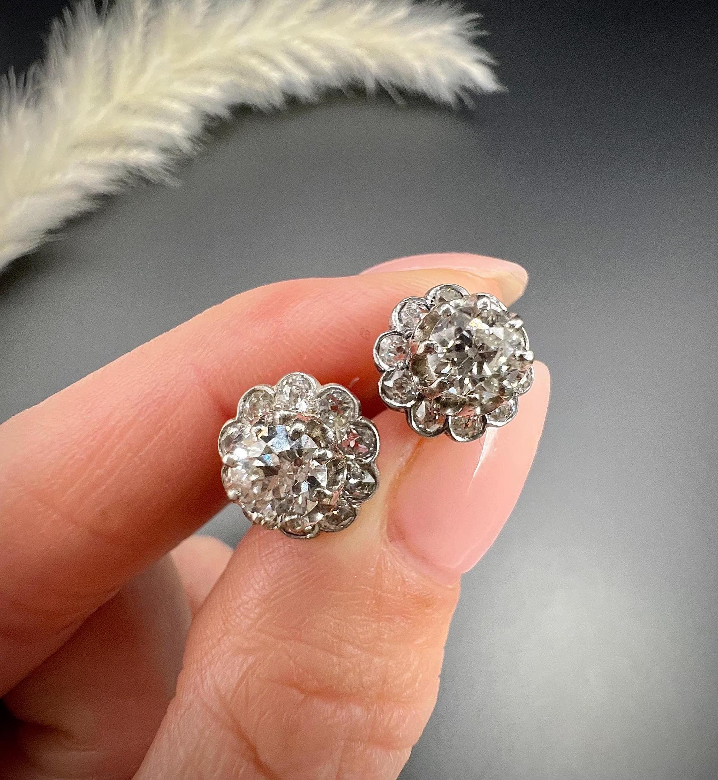 Platinum, 1920s Diamond Daisy Changeable Stud Earrings with Alpha Back Fittings For Sale 6