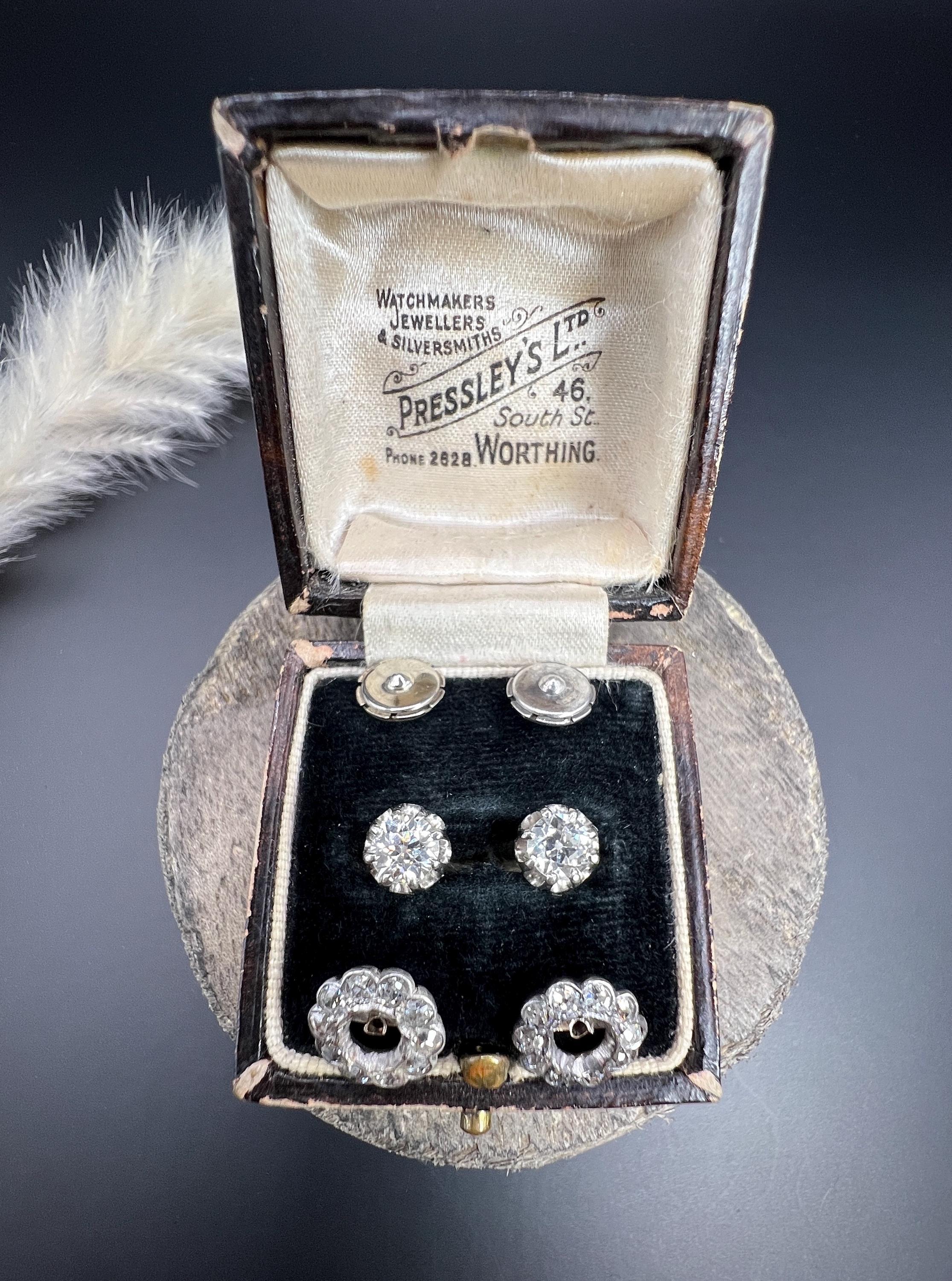 Platinum, 1920s Diamond Daisy Changeable Stud Earrings with Alpha Back Fittings For Sale 3
