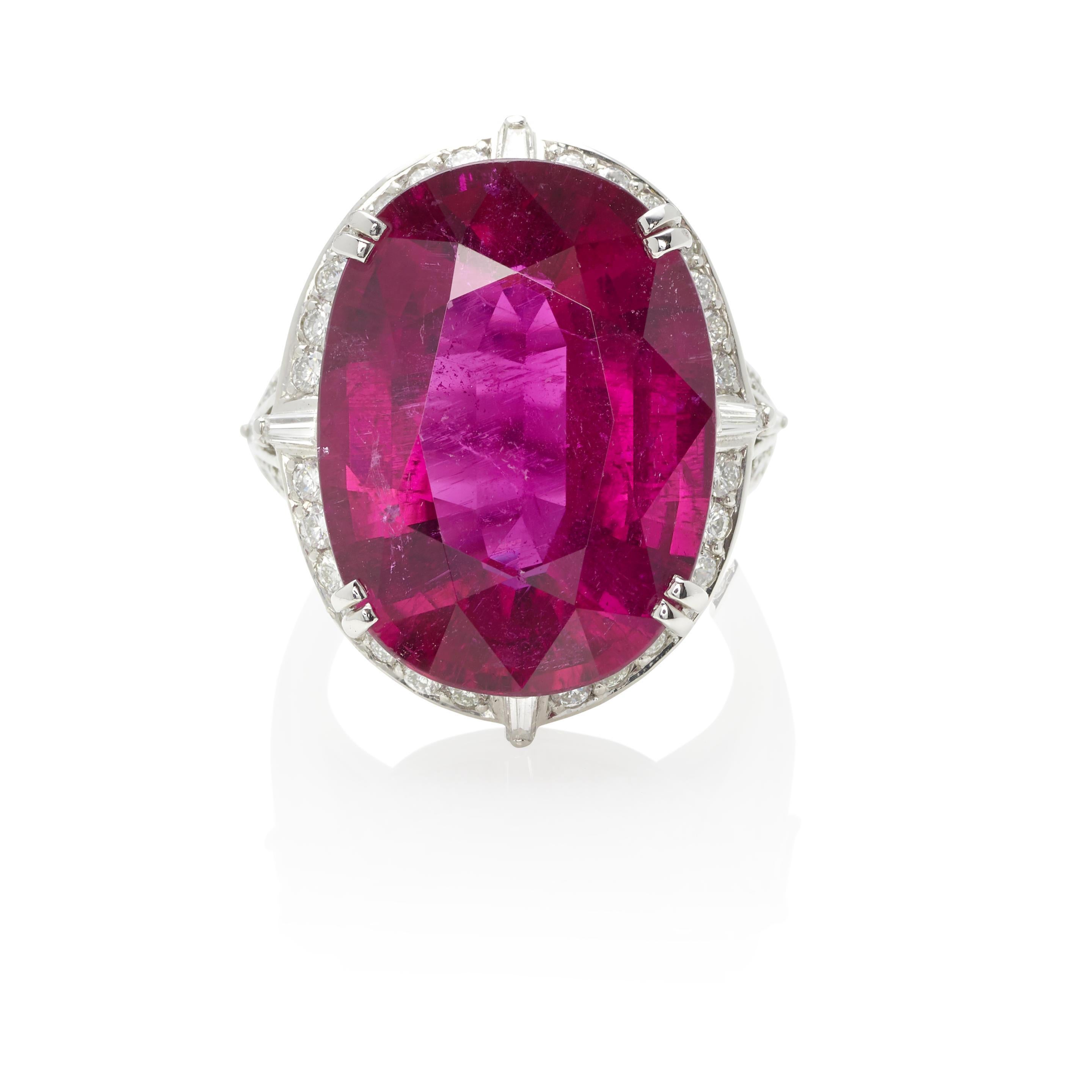Oval Cut Platinum 19.26 ct Rubellite and Diamond Cocktail Ring Size 6.5 For Sale