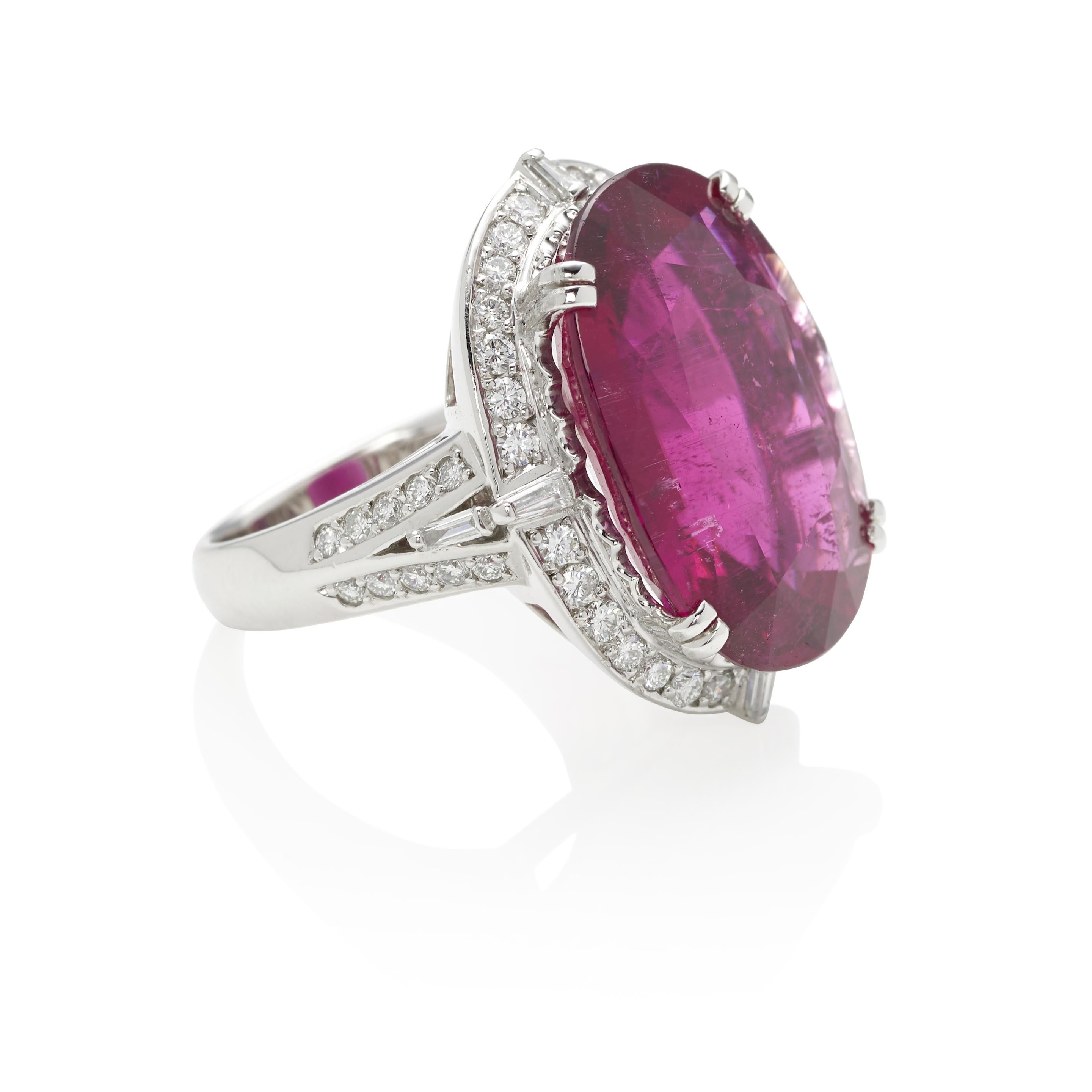 Platinum 19.26 ct Rubellite and Diamond Cocktail Ring Size 6.5 In Good Condition For Sale In Sherman Oaks, CA