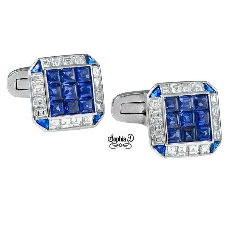 Platinum gorgeous blue sapphires total weighing of 2.74 carat and diamonds 1.93 carat cufflinks