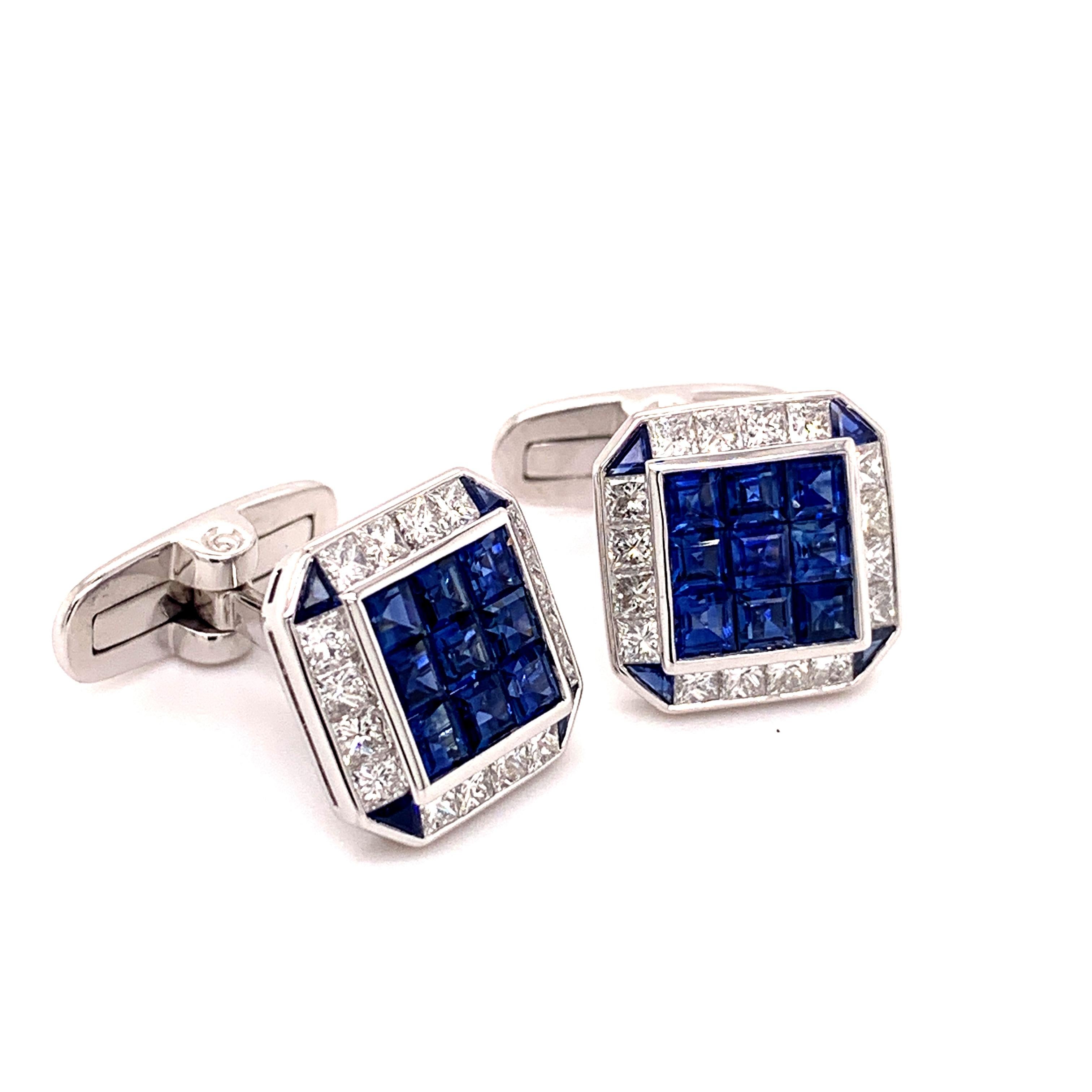 Platinum 1.93 Carat Diamonds and Sapphire Cufflinks In New Condition In New York, NY