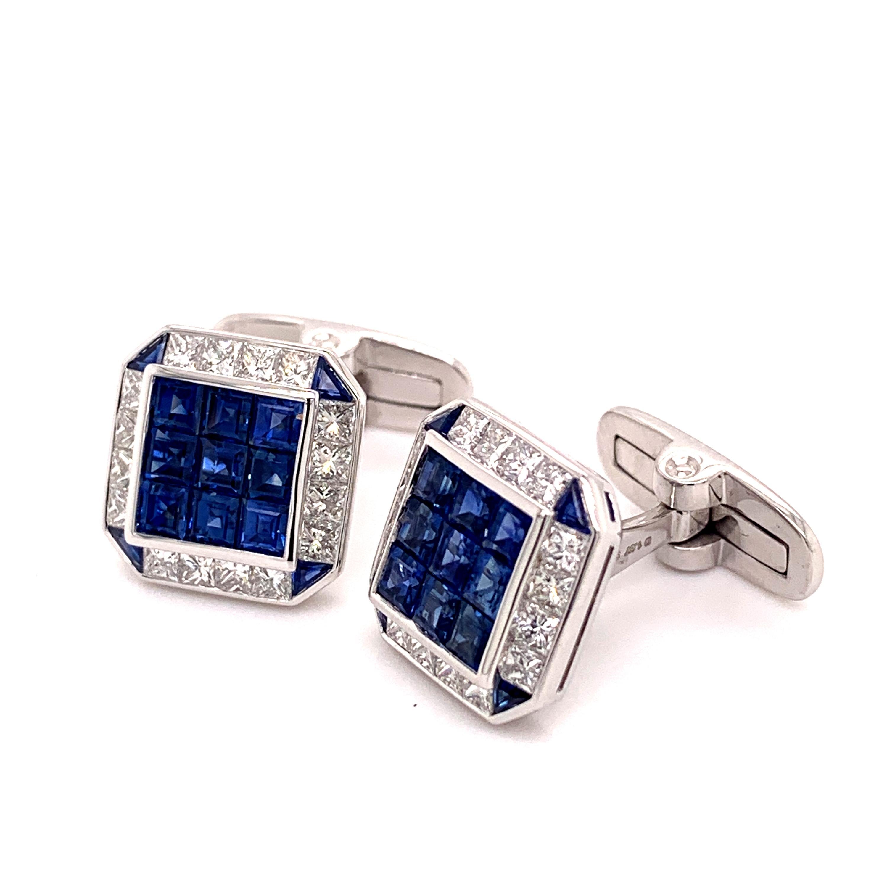 Men's Platinum 1.93 Carat Diamonds and Sapphire Cufflinks